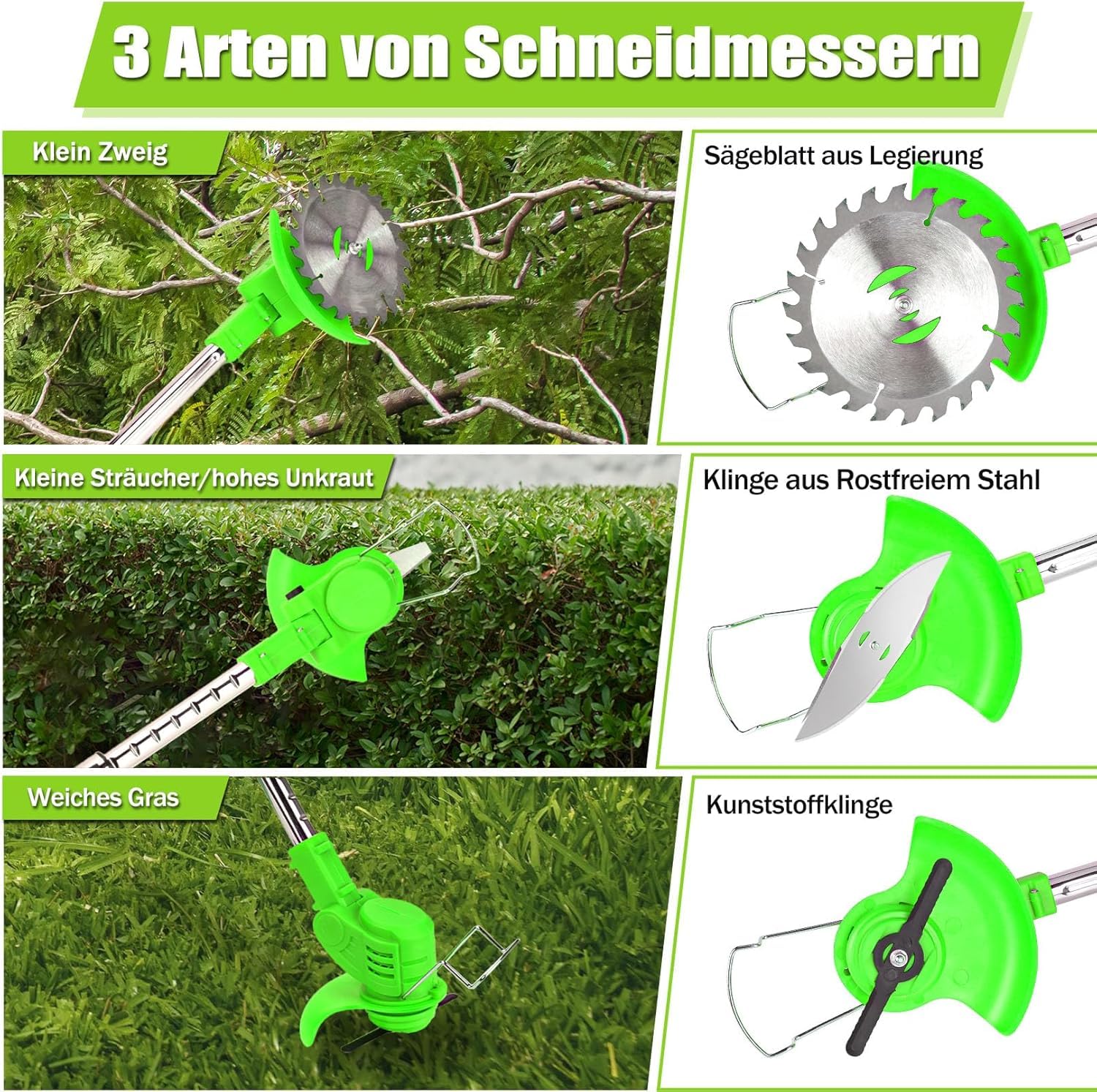 Akku-Rasentrimmer 21V 4.0Ah Elektrischer Trimmer Garten-Unkraut-Trimmer Kantenfräser 3 Klingen