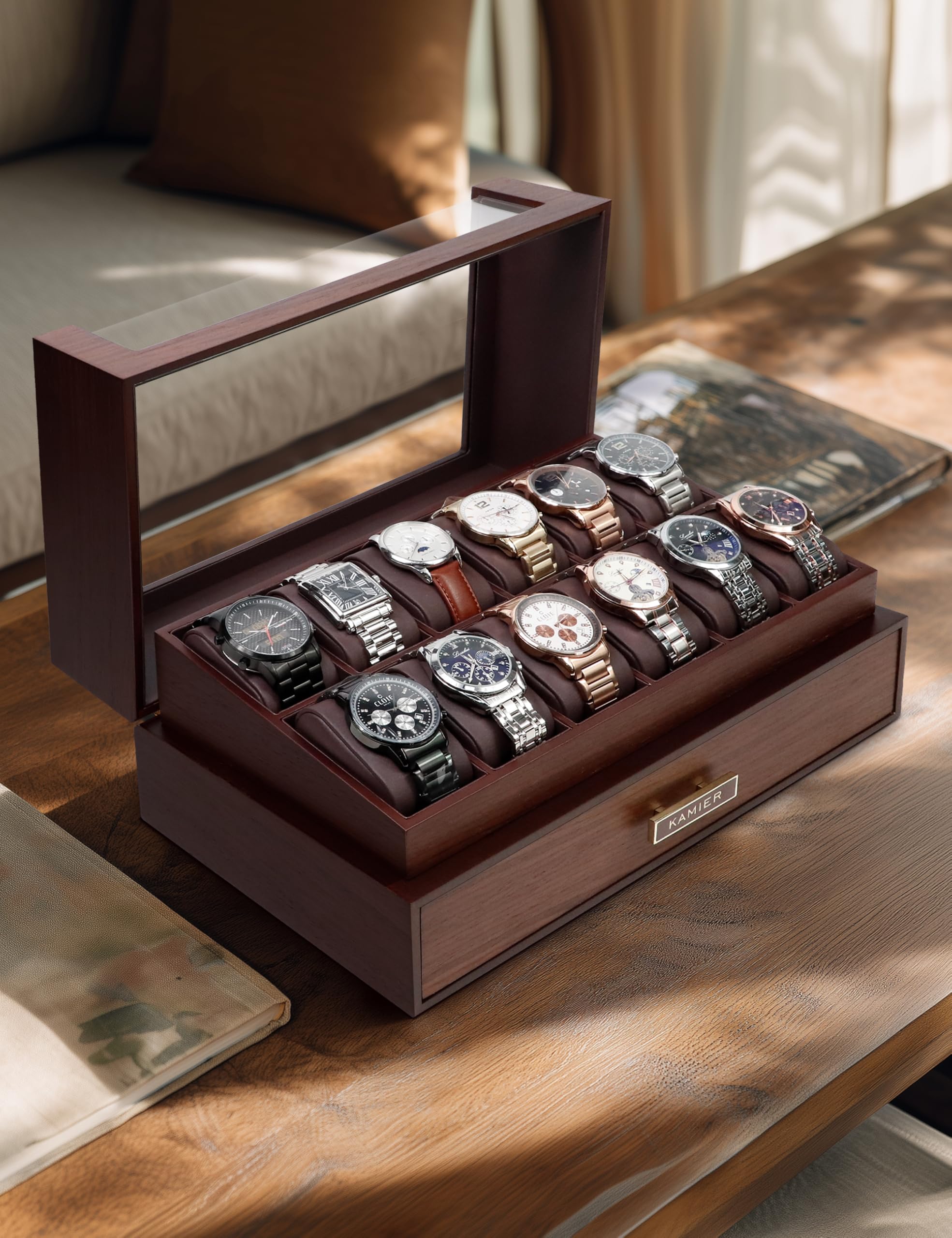 KAMIER Uhrenbox Herren mit 12 Fächern, Luxuriöse Groß Echtholz Watch Box 2 Ebenen, Uhrenkasten mit herausnehmbaren Uhrenkissen und Schublade, Premium Uhrenkoffer mit Glasdecekel (mit Geschenkbox)