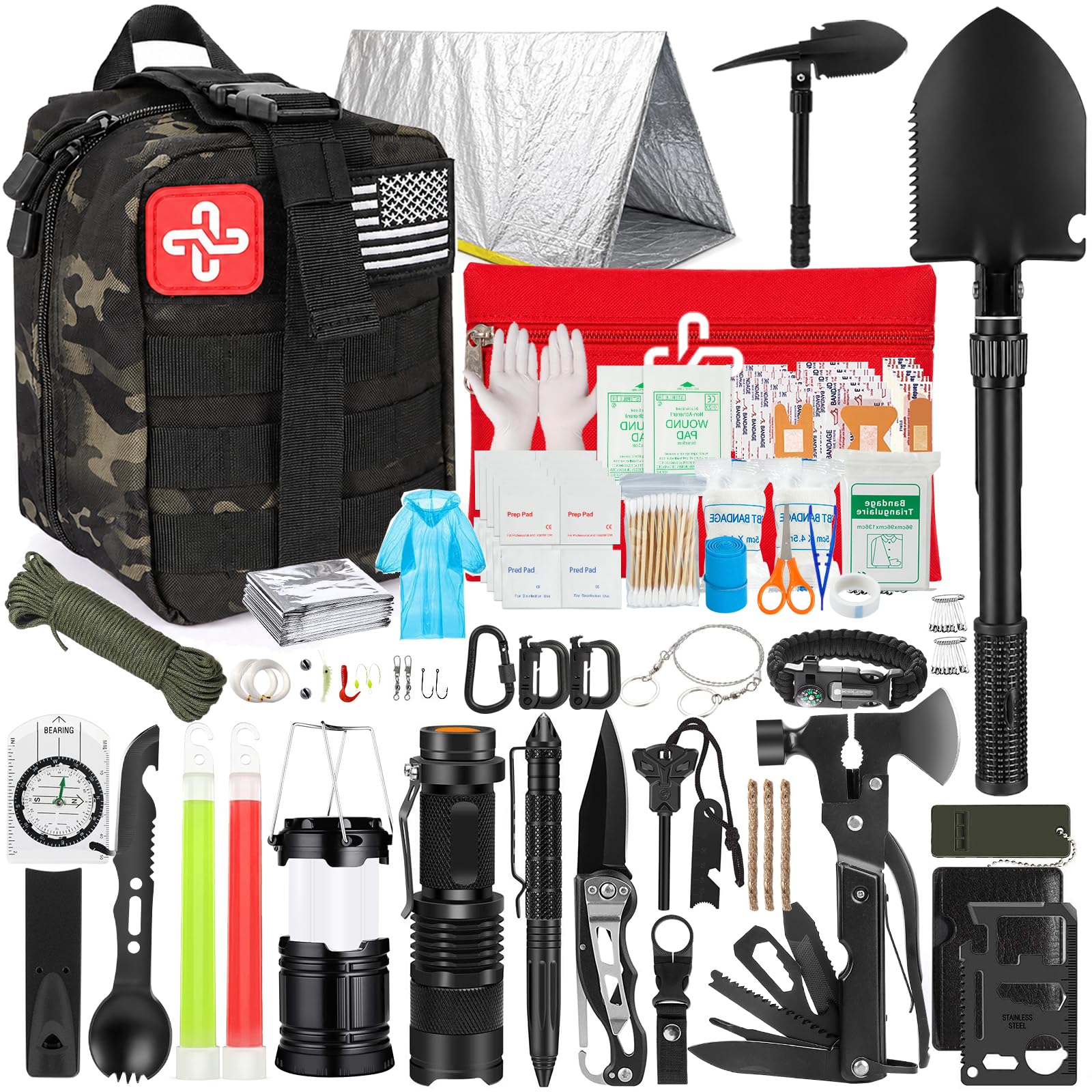 Survival Kit, 250Pcs Survival Gear First Aid Kit with Molle System Compatible Bag and Emergency Tent, Emergency Kit for Earthquake, Outdoor Adventure, Hiking, Hunting, Gifts for Men Women