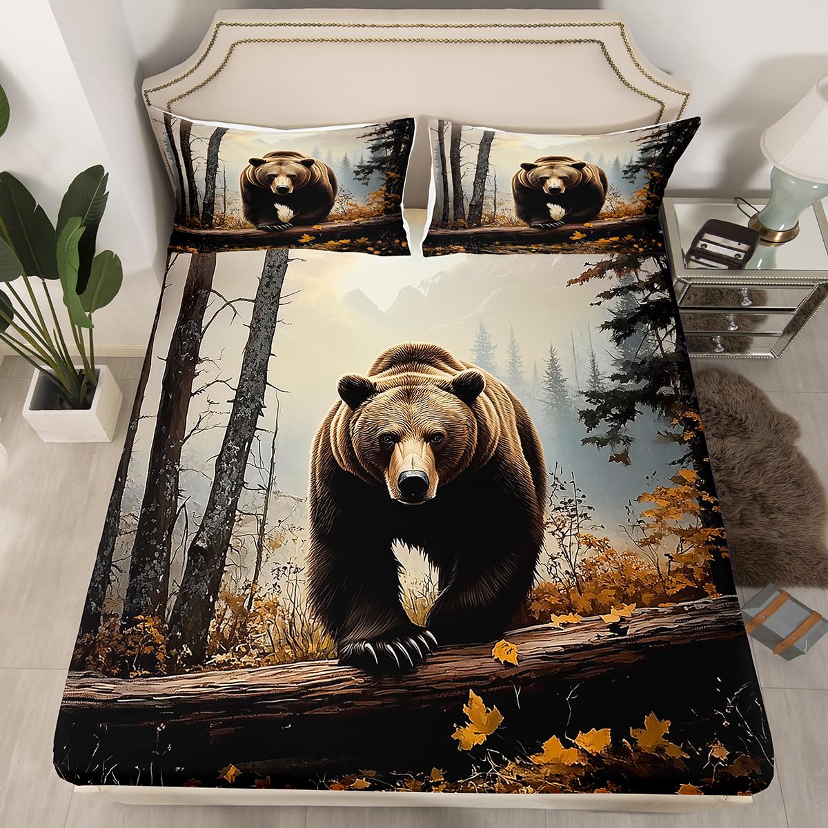 Homewish Nature Forest Bear - Juego de ropa de cama doble con diseño de oso pardo pardo, juego de sábanas bajeras de animales salvajes del bosque, 4 piezas