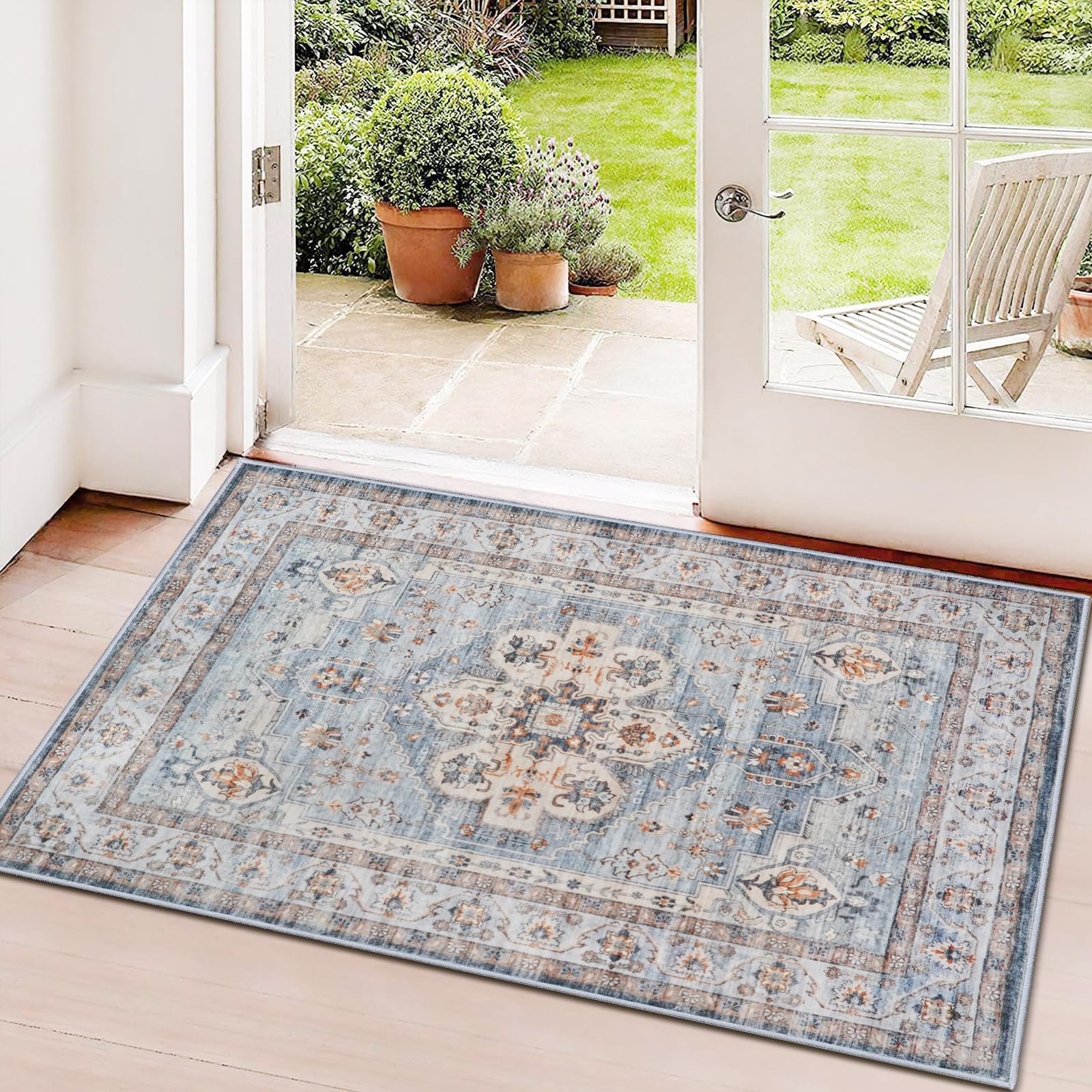 Washable Hallway Runner Rug 2x3: Non Slip Runner Rugs with Rubber Backing Soft Kitchen Rug Farmhouse Distressed Carpet Runner for Living Room Bedroom Bathroom (Blue, 2X3)