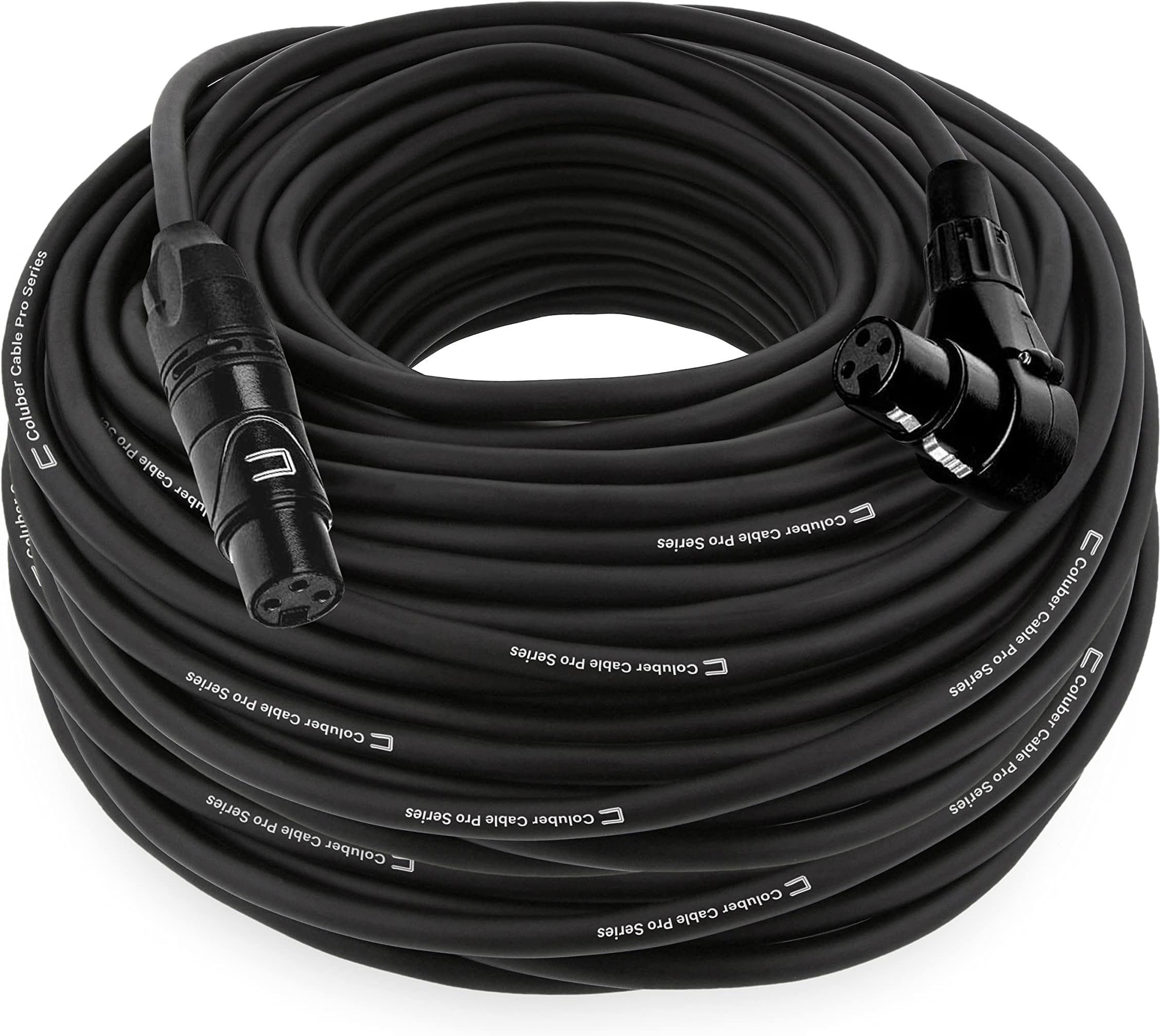 Balanced XLR Cable Male to Right Angle Female - 100 Feet Black - Pro 3-Pin Microphone Connector for Powered Speakers, Audio Interface or Mixer for Live Performance & Recording