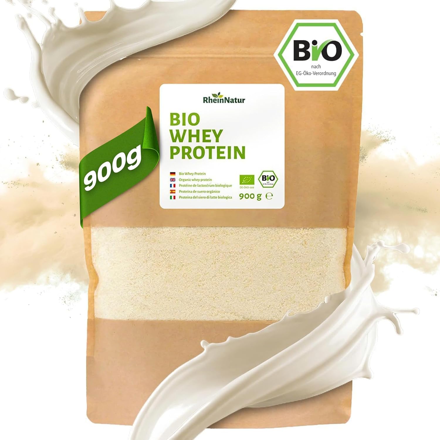 RheinNatur Organic Whey Protein Powder 900 g - Tasteless Protein Powder without Additives & No Soy - 100% Pure Organic Whey Protein for Protein Shakes