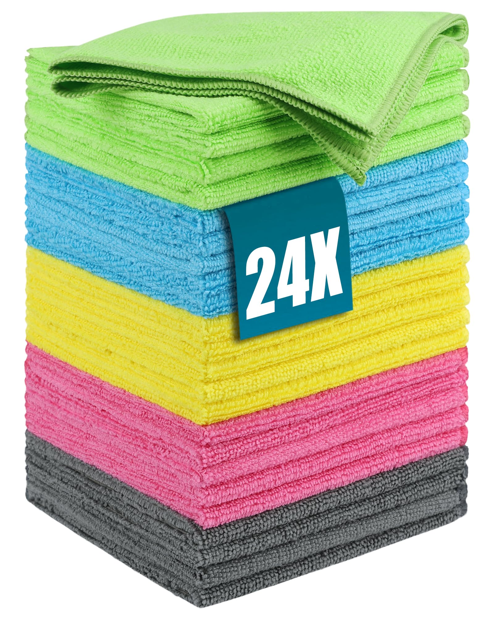 Huglux 30x30cm Microfiber Cleaning Cloths 24 Pack, 5 Colors Reusable Cleaning Towels, Lint-Free Streak-Free Rags, Ultra Absorbent Cloths for Kitchen, Glass, Car, Bathroom