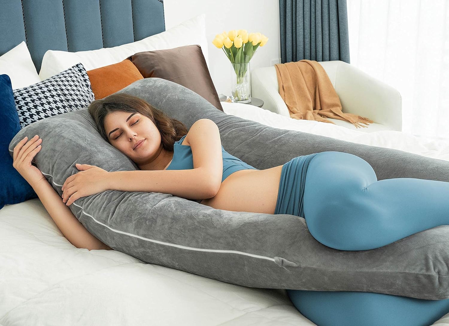 QUEEN ROSE Pregnancy Pillows, U Shaped Full Body Pillow for Sleeping Support, 55 Inch Maternity Pillow for Pregnant Women with Removable Velvet Cover, Grey