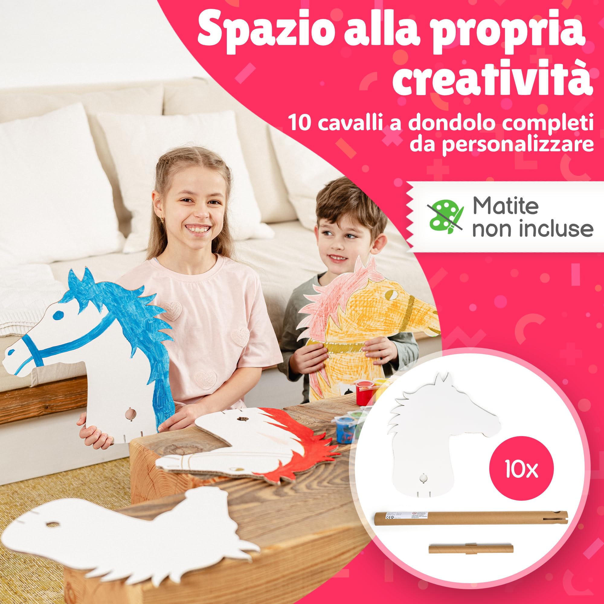 Cavallo a bastone set in cartone | 10 pezzi da dipingere per giocare | Set di cavalli da assemblare | Cavalli giocattolo per feste | La colla non è necessaria | Per compleanni dei bambini
