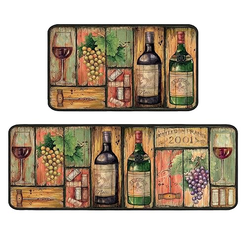Wine Kitchen Rugs 2 Piece Set for Floor Mat, Non