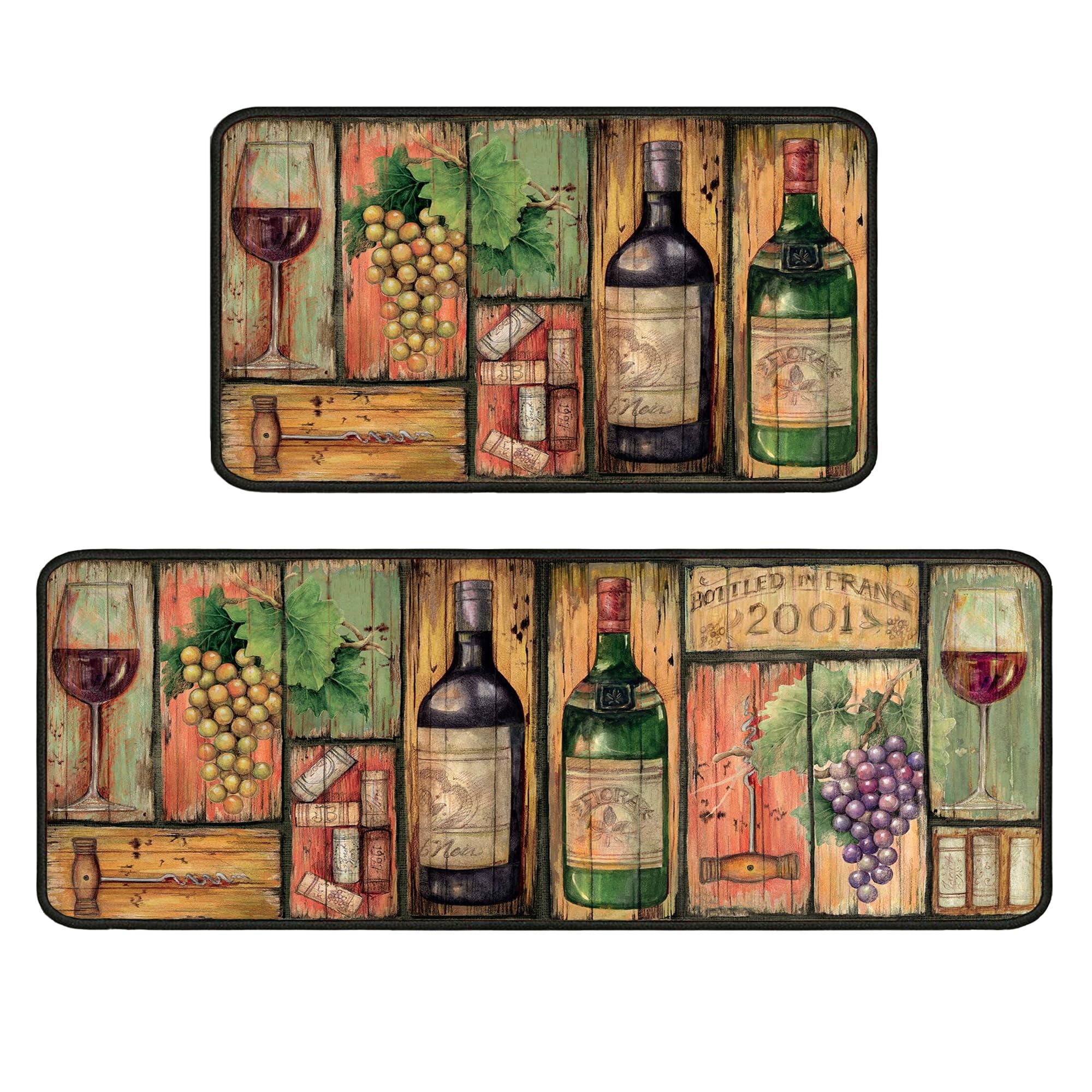 Ksoemar Wine Kitchen Rugs 2 Piece Set for Floor Mat, Non Skid Washable Absorbent Microfiber Wine Kitchen Mat for in Front of Sink for Standing for