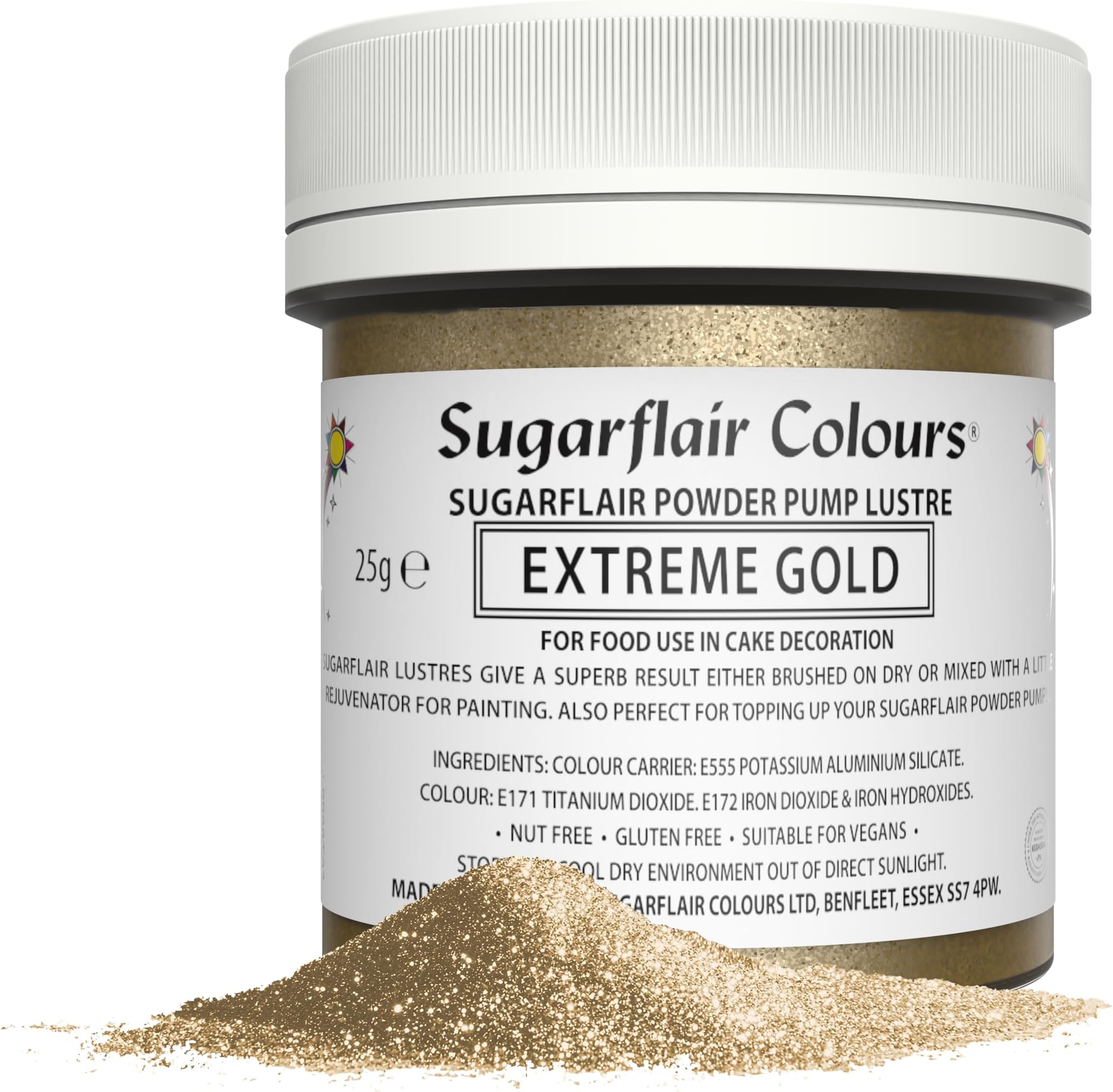 Sugarflair Extreme Gold Edible Glitter Dust Powder Pump Refill Tub - Food Colouring Powder, Edible Colour Dust, Brush On, Spray, or Add Rejuvenator to Create Eye-Catching Paint Effect - 25g