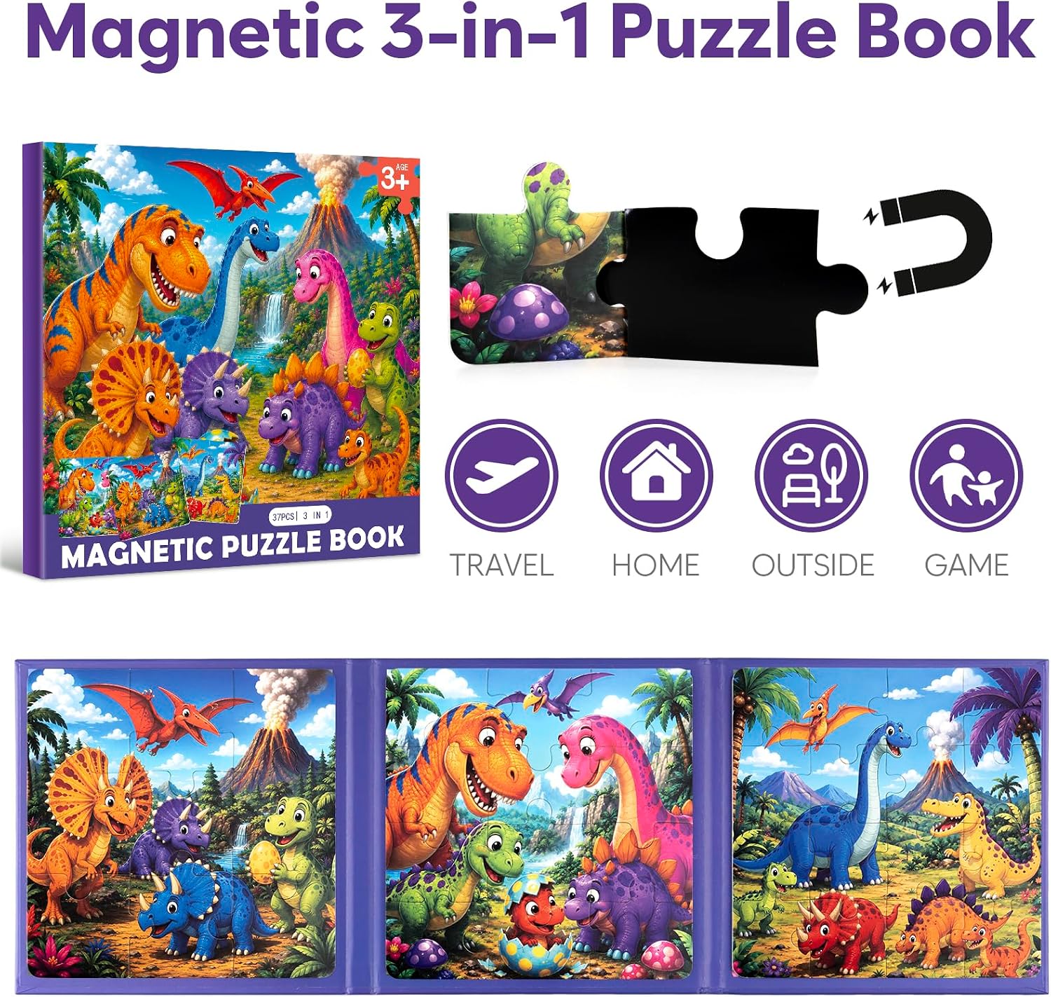 Biarek Dinosaur Magnetic Puzzles for Kids 3-5, 37-Piece Travel Set image 2