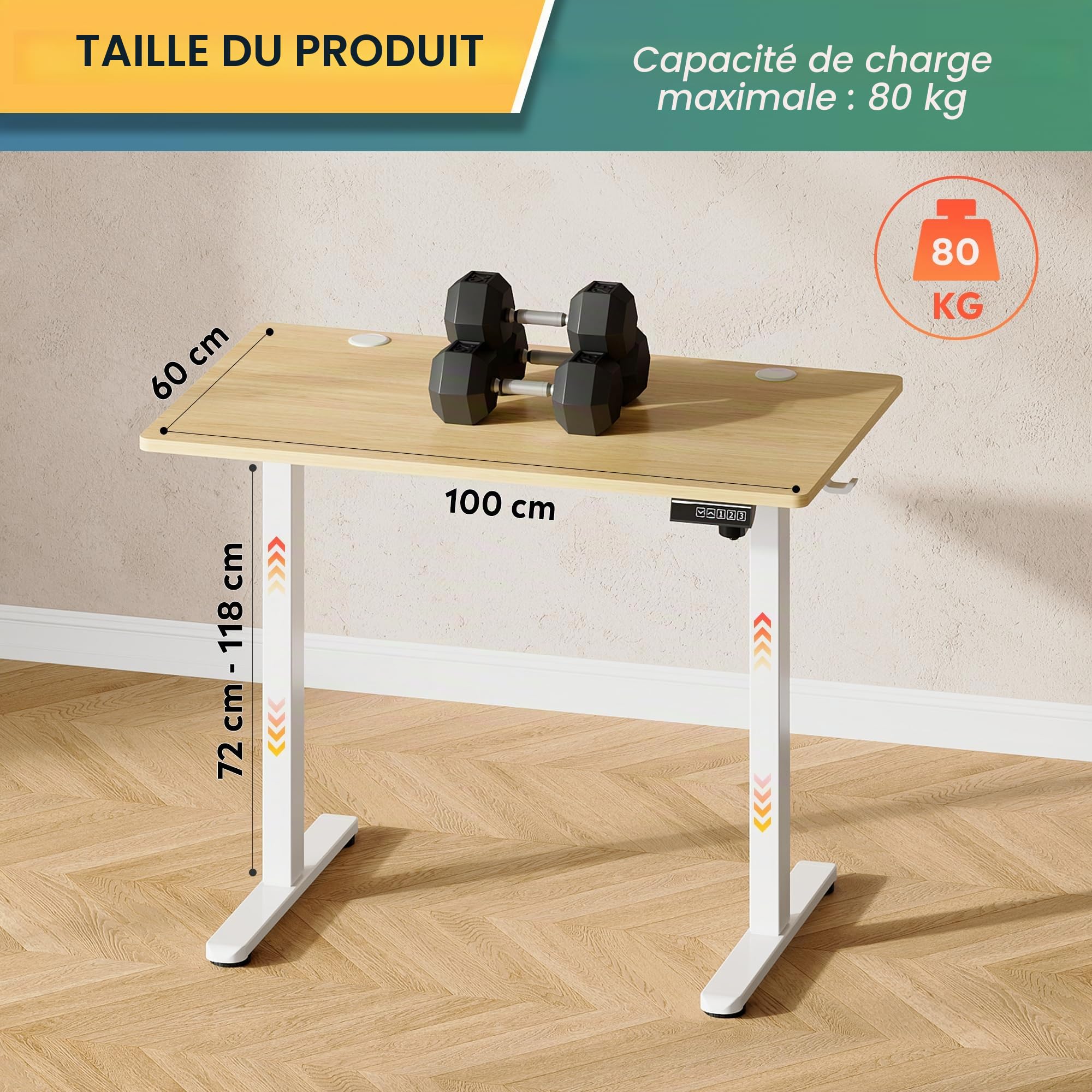 DEVAISE Bureau électrique réglable en Hauteur 100x60 cm, Bureau Assis-Debout avec Moteur Silencieux, Hauteur Réglable de 72 à 120cm, Table Informatique Ergonomique pour Bureau et Télétravail,Chêne