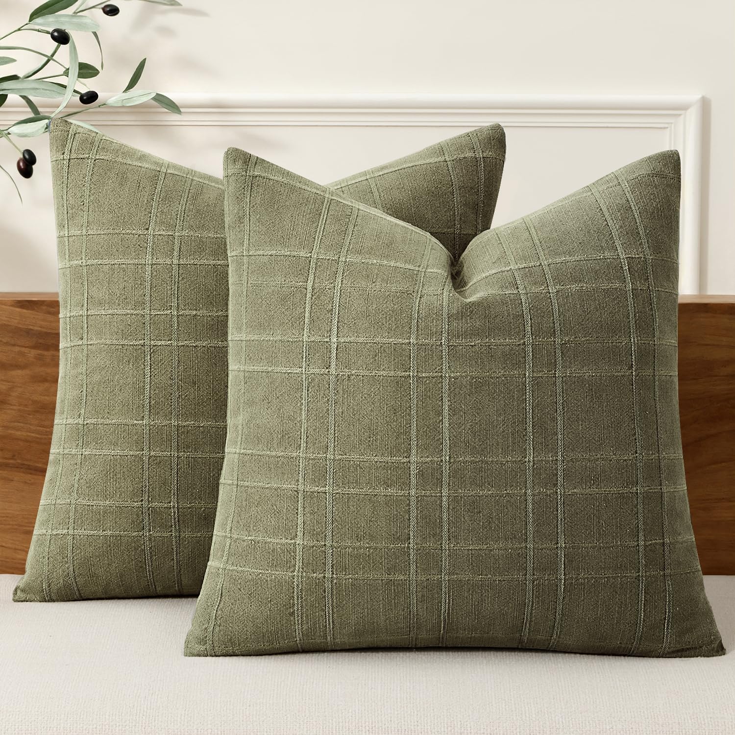 MIULEE Linen Plaid Pillow Covers Decorative 18x18 Sage Green