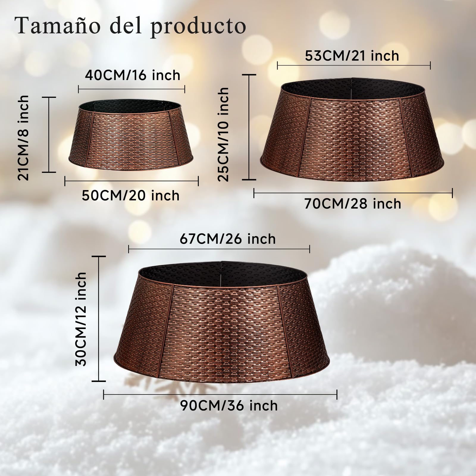 Lanpn Metal Collar Árbol de Navidad 70cm, Albero Natale Decorativo Christmas Tree Collar para Mediana M Árboles Artificiales Interior Exterior - Decoración Navideña (Cobre, Tejido Horizontal)