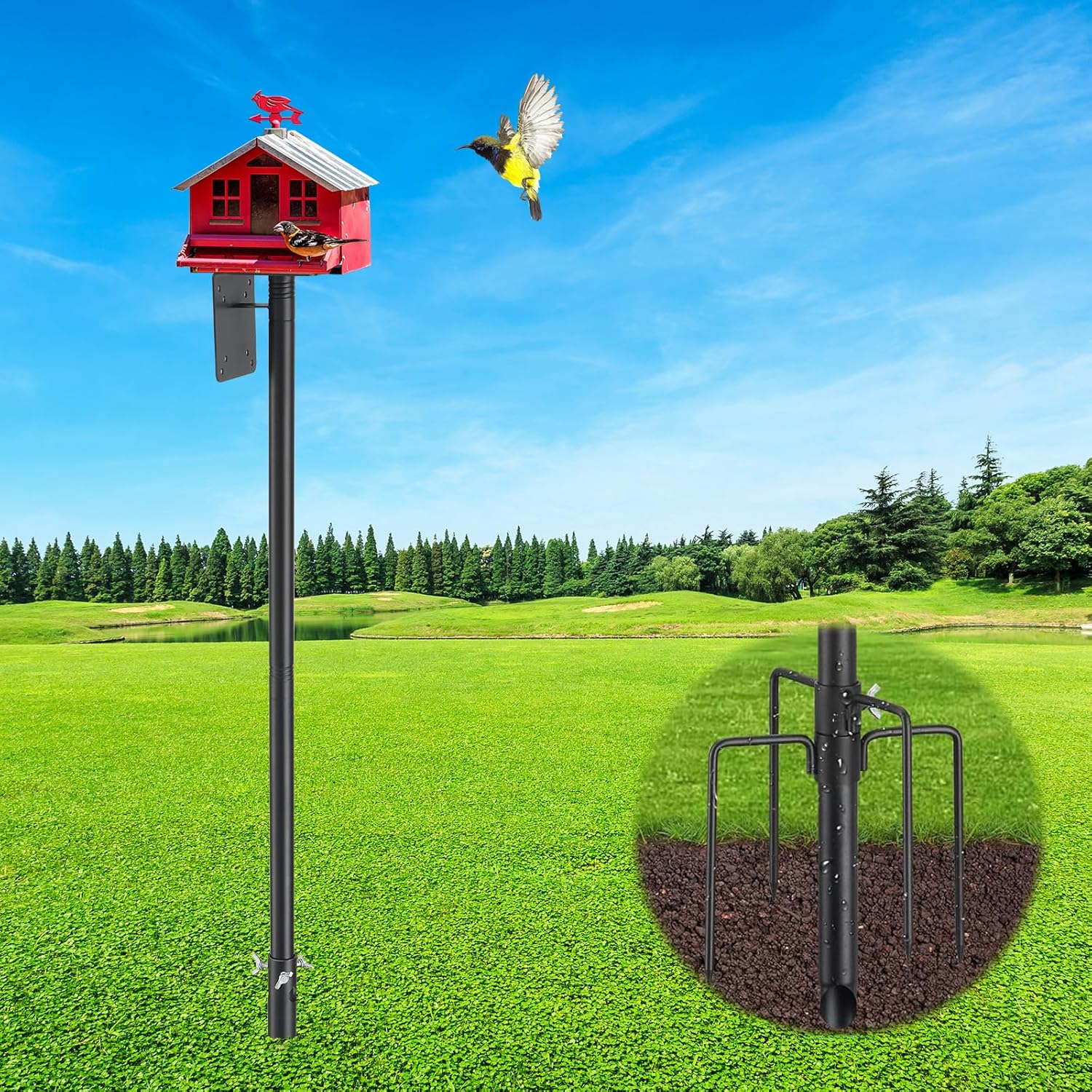 Bird Feeder Pole, 60" Heavy Duty Adjustable Bird Feeder Stand with 5-Pronged Base for Birdhouse Mounting, Weather Station, Outdoor, Yard, Garden