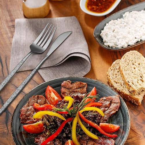 Miniatura 6 de Juego de cubiertos negros de acero inoxidable de 20 piezas con cuchillos de carne para 4, cubiertos pulidos con espejo, juego de cubiertos para