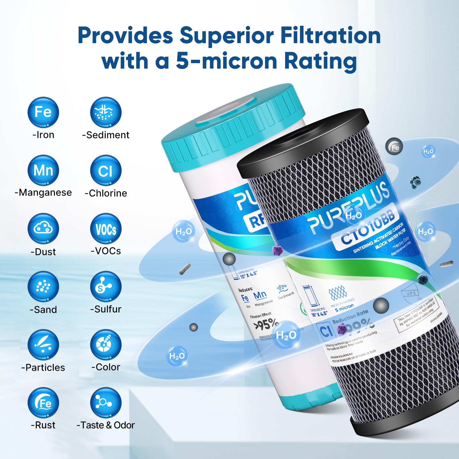 PUREPLUS Kit combinato di cartucce filtro dell'acqua a 2 stadi per tutta la casa, 11,4 x 25,4 cm, con blocco di carbone attivo e filtro per ridurre il ferro, kit di ricambio per filtraggio dell'acqua