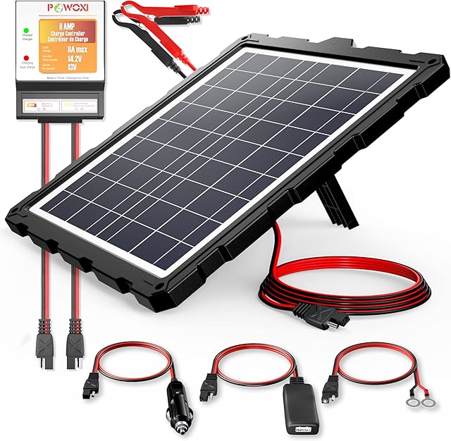 POWOXI-Upgraded-20W-Solar-Battery-Charger-Maintainer, External Smart 3-Stages PWM Charge Controller, 12V Solar Panel Trickle Charging Kit for Car, Marine, Motorcycle, RV, etc