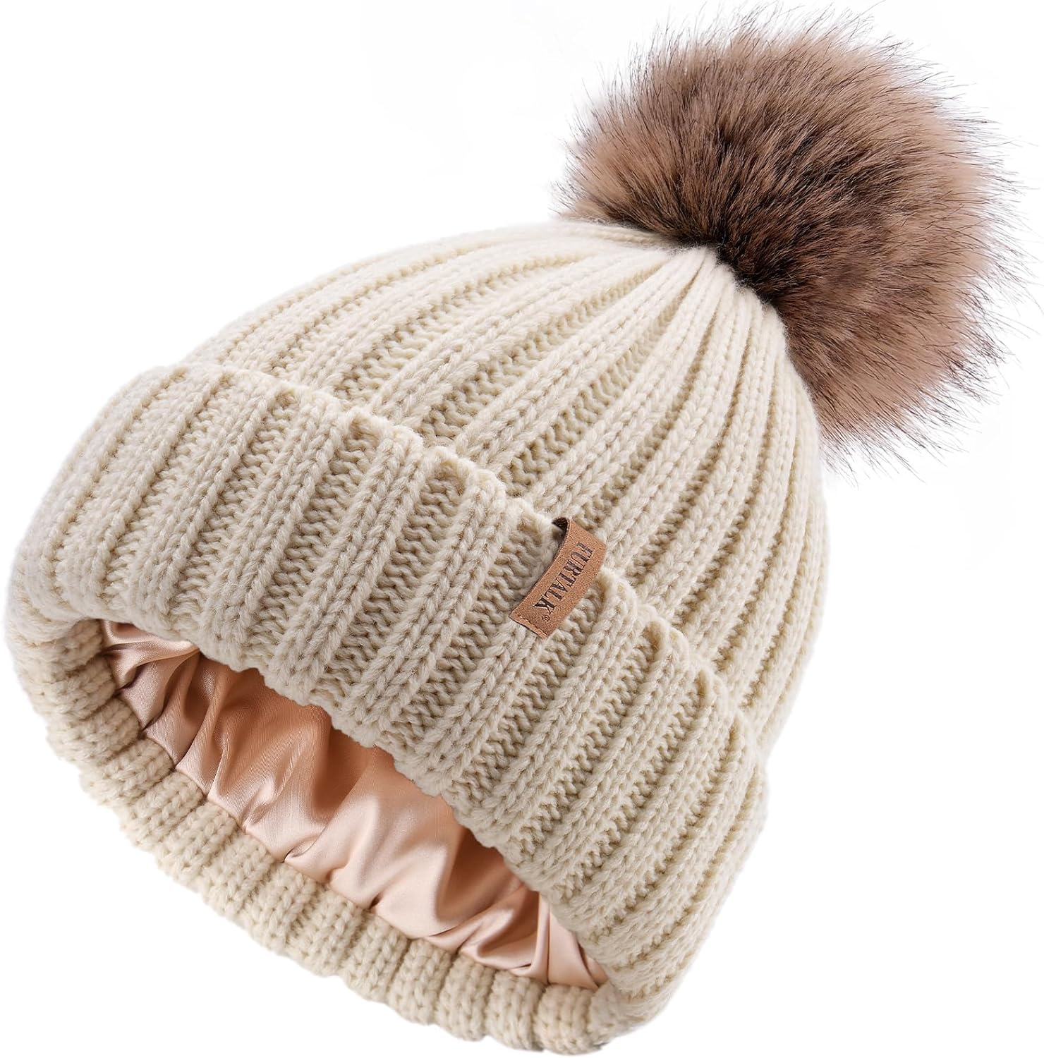 FURTALK Beanie Hats Women Satin Lined Knitted Hat Detachable Pompom Soft Feel Winter Hat Breathable for Girls FURTALK Beanie Hats Women Satin Lined Knitted Hat Detachable Pompom Soft Feel Winter Hat Breathable for Girls