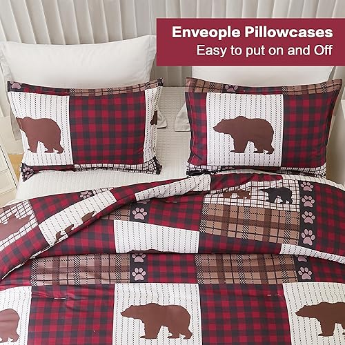 Miniatura 9 de Andency Juego de edredón de oso de retazos a cuadros, tamaño individual (66 x 90 pulgadas), 3 piezas (1 edredón caqui y 2 fundas de almohada),
