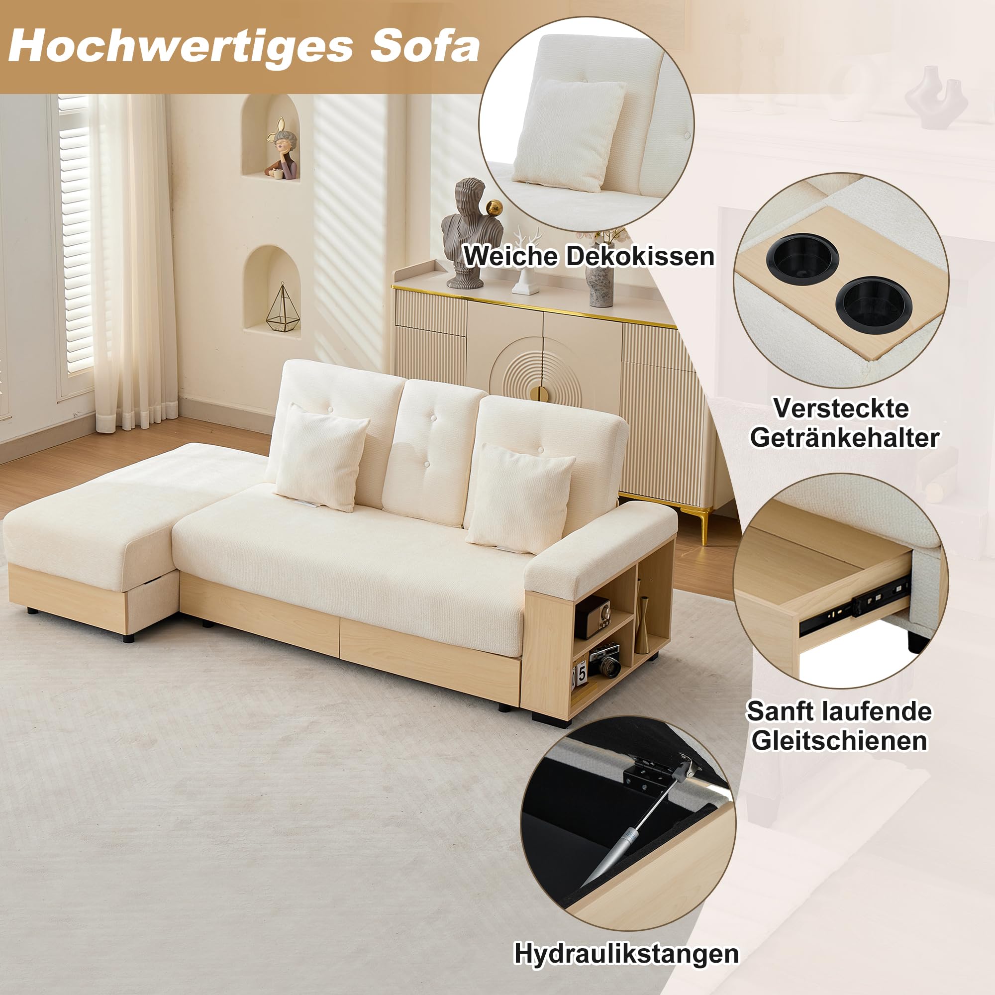 Canapé d'angle 217 cm avec Rangement, Dossier Réglable 3 Positions, Canapé Convertible en Chenille avec Tiroirs, Porte-Gobelets et Pouf de Rangement, Structure MDF pour Salon (Beige)