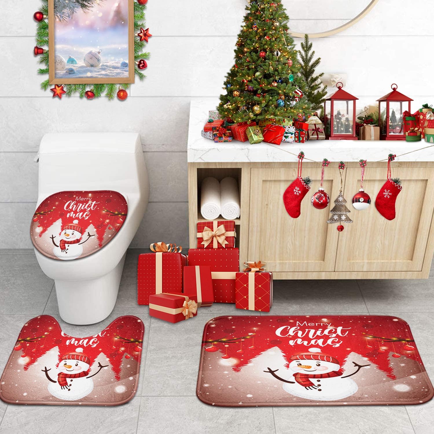 ArtSocket Lot de 3 tapis de salle de bain de Noël antidérapants en mousse à mémoire de forme, en microfibre absorbant - Motif bonhomme de neige - Lavable en machine