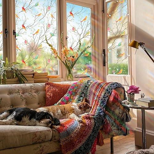Miniatura 5 de Coavas GF-WF-90-2B - Lámina de privacidad no adhesiva para ventana, diseño decorativo de pájaros, con adhesión estática, adhesivos para hogar y