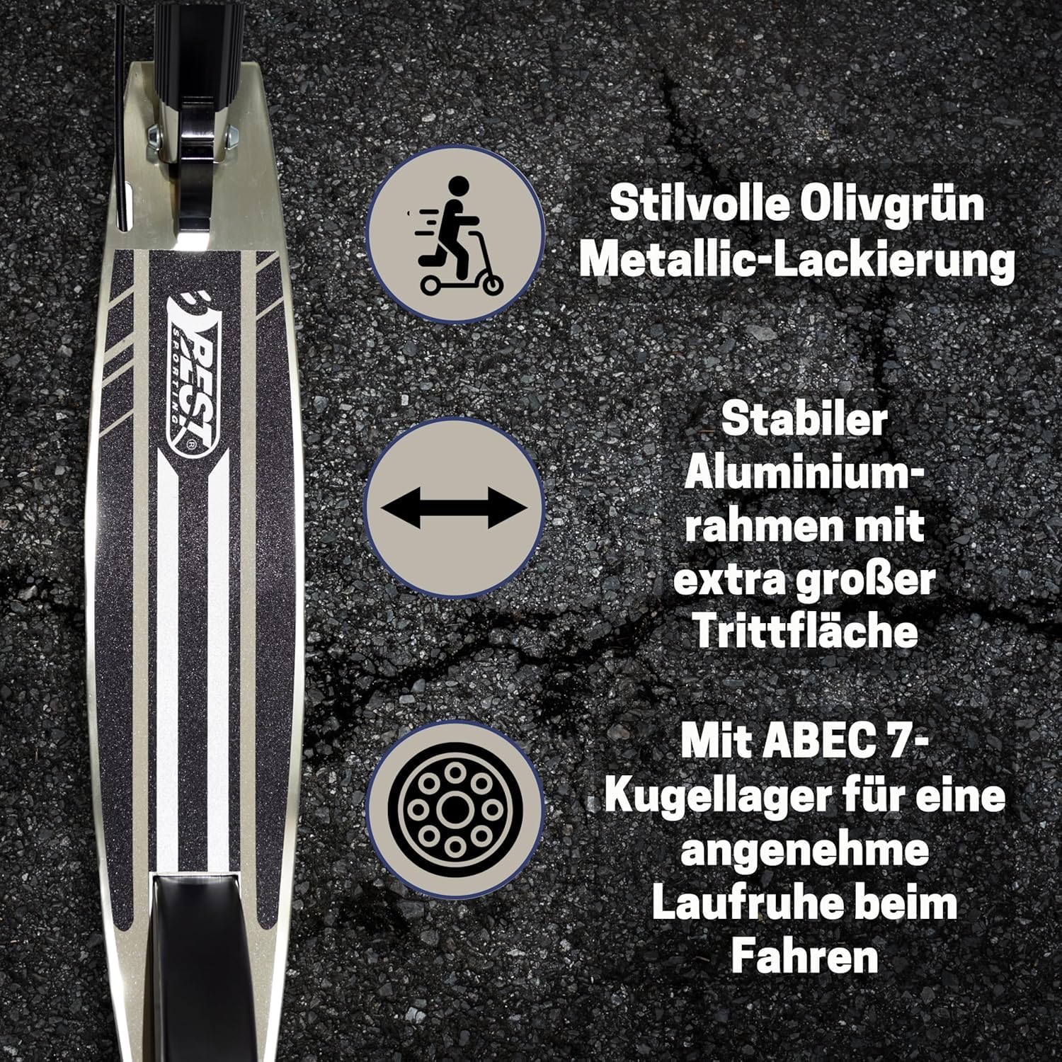 Best Sporting High End Scooter dla dorosłych, składana hulajnoga ze stojakiem, hamulcem ręcznym, dzwonkiem i paskiem do noszenia, hulajnoga miejska dla dorosłych I hulajnoga o rozmiarze rolki 205 mm