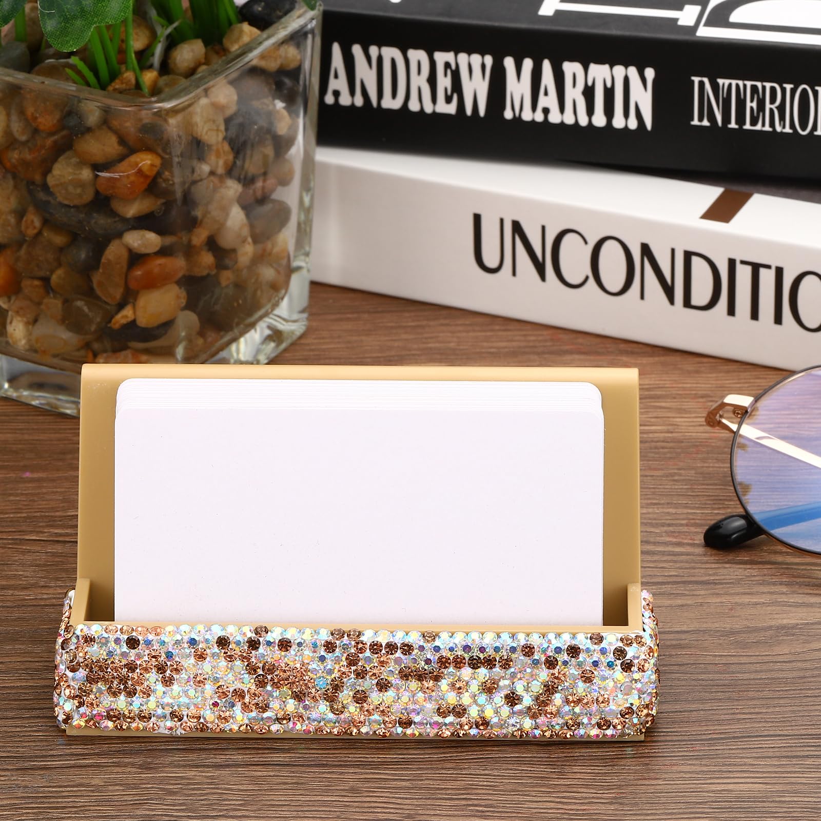 PATIKIL Business Card Holder for Desk 2 Pack Rhinestone Business Card Holders Crystal Card Stand Organizer Cards Display for Office Exhibition Gold Tone - Image 4