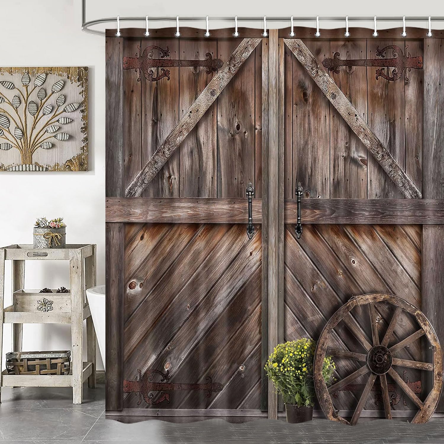 Jipusai Rustic Barn Door Shower Curtains, Western Vintage Farmhouse Wood Board Shower Curtain Sets for Bathroom Decor, Brown Wooden Country Bath