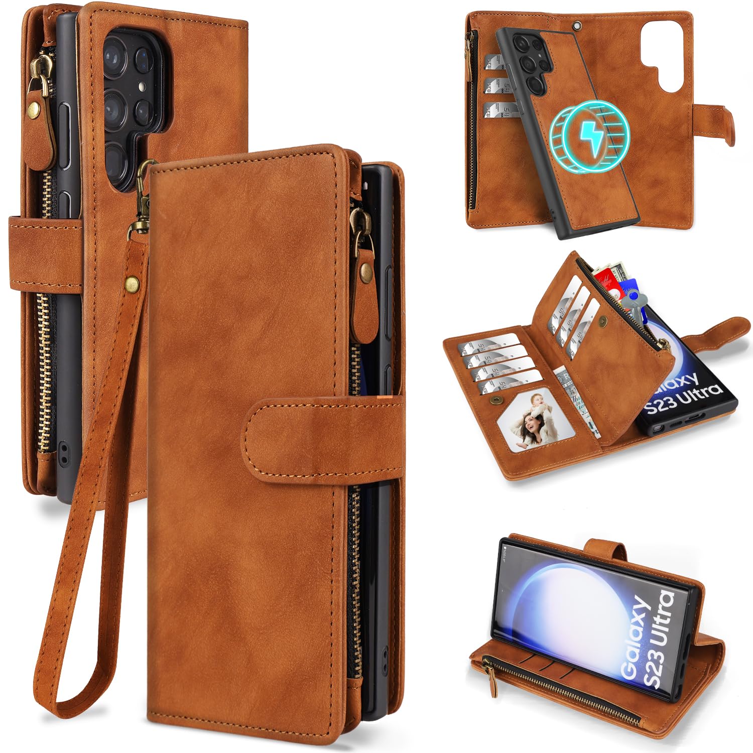 CASEOWL Galaxy S23 Ultra Case Wallet [Support Wireless Charger] Magnetic Detachable Flip Leather Wallet Case with 10 Card Slots[RFID Blocking], Zipper
