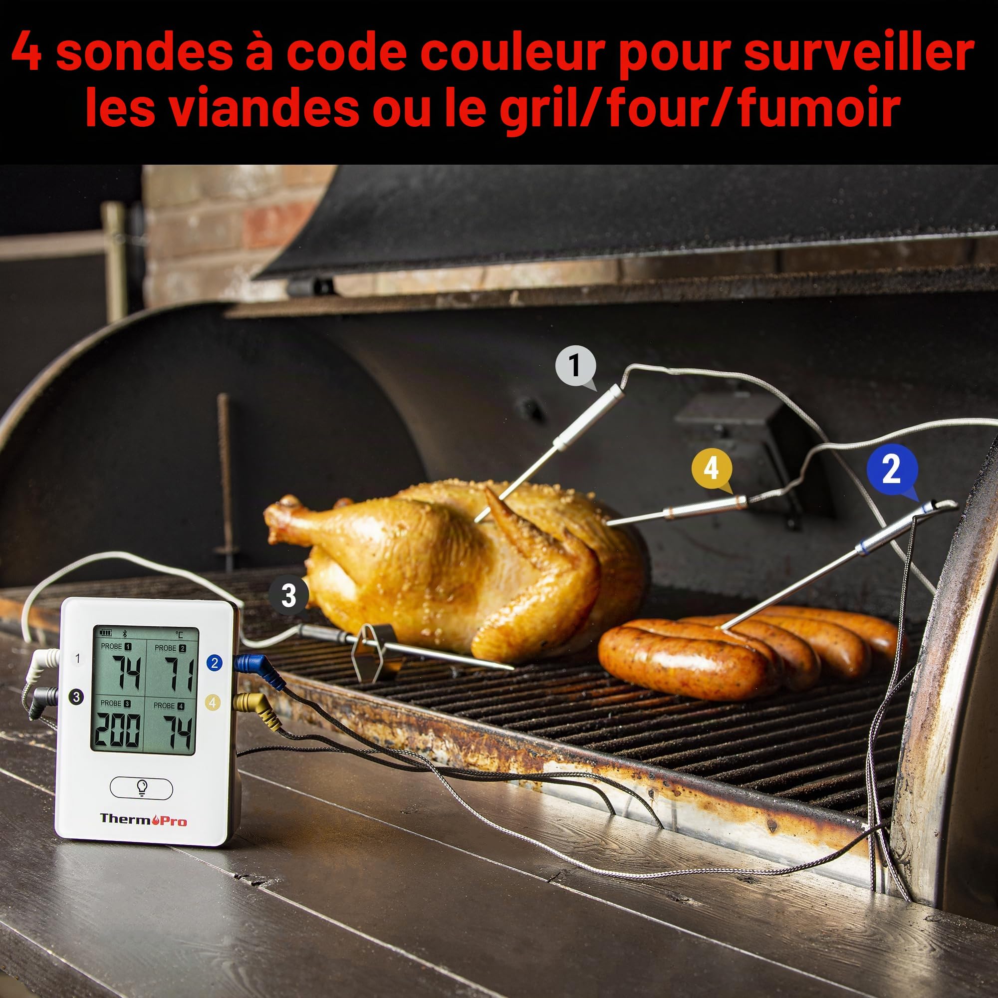 ThermoPro TempPro TP25 Thermomètre à Viande Sans Fil Bluetooth Numérique Thermomètre pour Cuisson au Four avec 4 Sondes de Température pour Aliments pour Griller Thermomètre de Fumeur Rechargeable