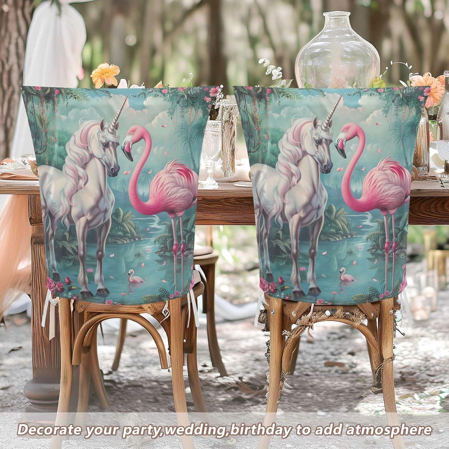 ALAZA Unicorn and Pink Flamingo Chair Back Cover Set of 6, Washable Reusable Removable Chair Slipcovers Decorative Chair Cover for Home Kitchen Wedding Party