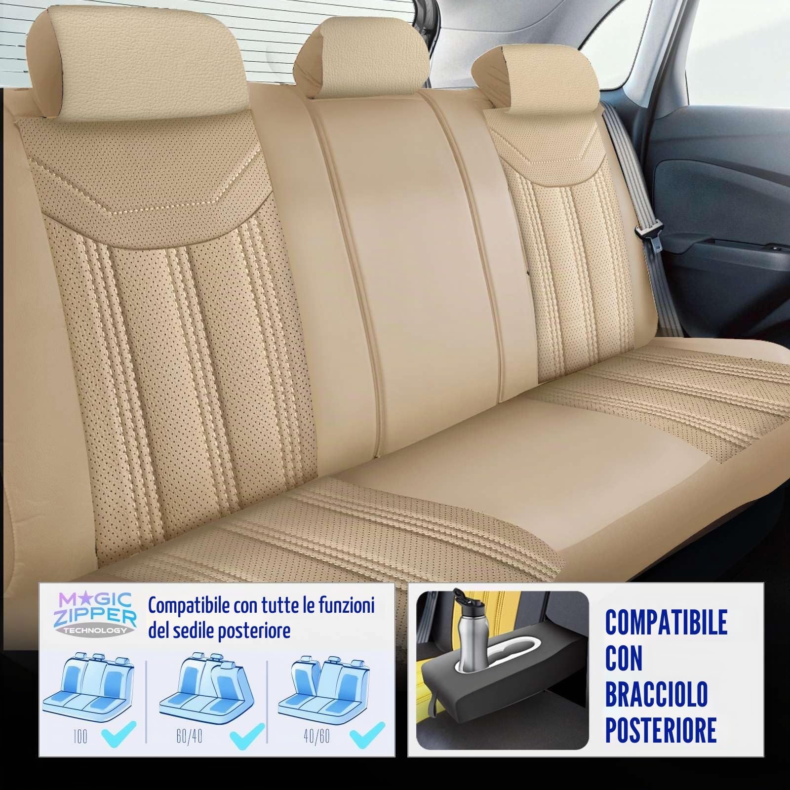 Coprisedili universali per auto e SUV – Premium coprisedili anteriori in pelle, Beige, supporto airbag, protezione per auto, set completo incluso kit di montaggio