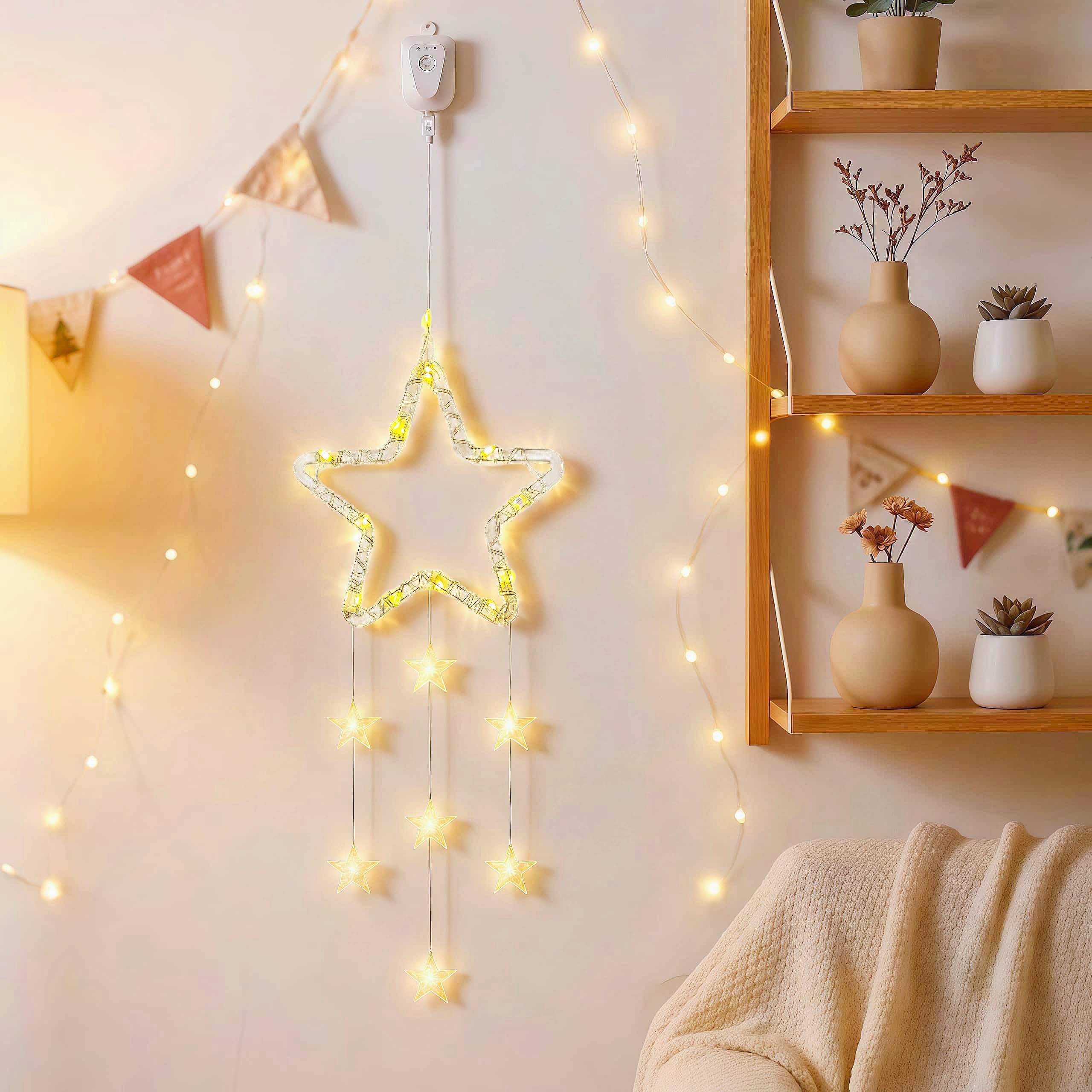HHMTAKA LED Christmas Star Window Light, 8 Modes Twinkle Curtain Light Timer, Rechargeable Hanging Lights for Party Shop Window Xmas Decoration, Outdoor Indoor(Warm Light)