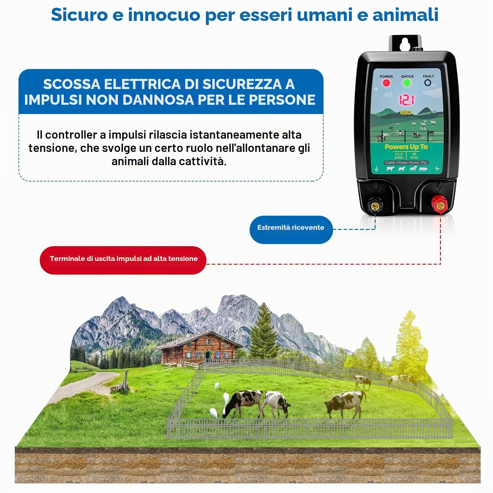 Elettrificatore per Recinto Elettrico 10km, Recinti Elettrici Con display a LED, Rete Elettrificata per Animali, Allevamento Di Pollame, Cinghiali, Cani, Polli