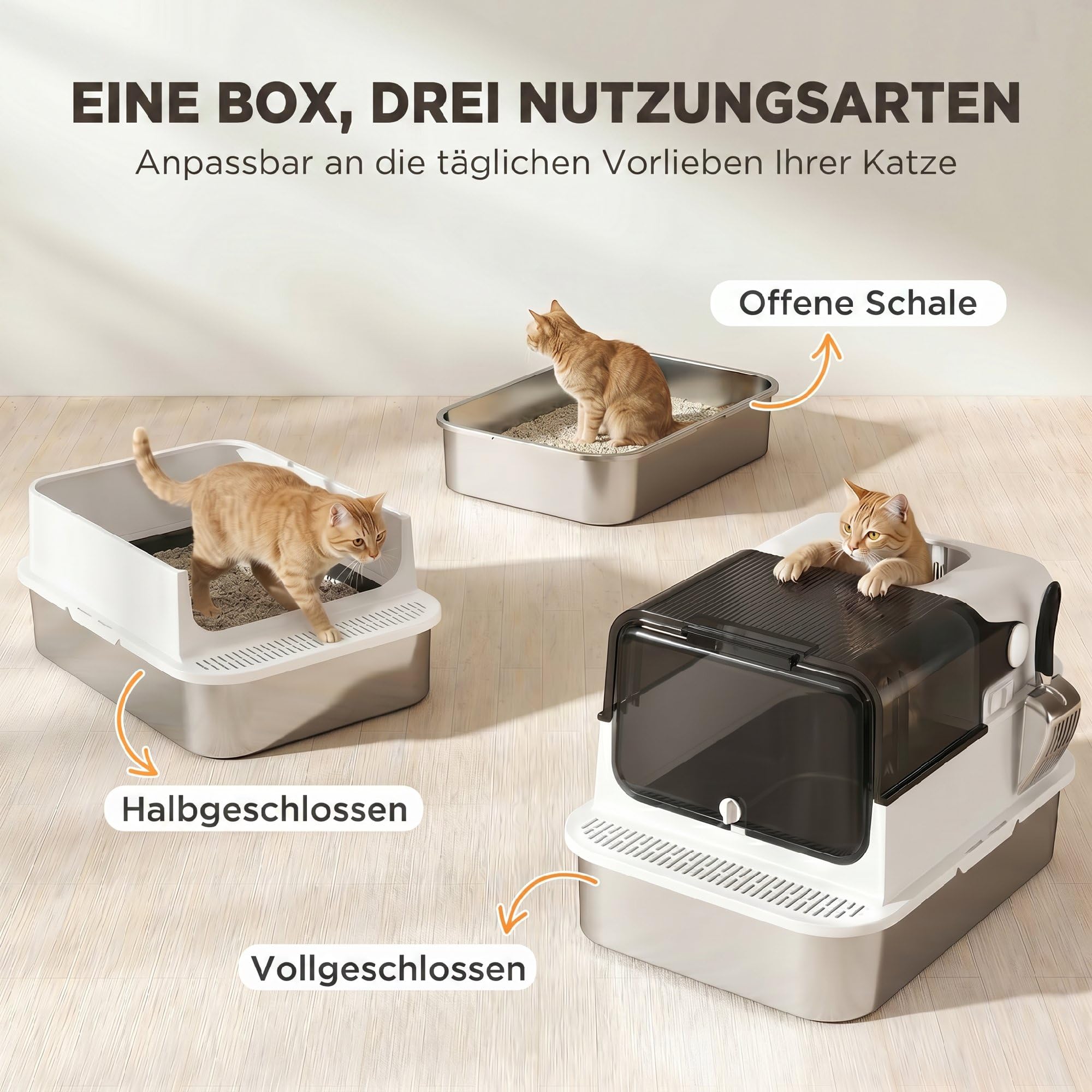 PawHut Katzenklo XXL Edelstahl mit Deckel 52L für große Katzen Weiß | Katzentoilette für Mehrere Katzen, mit Doppeltüren, Schaufel, Hoher Ränder, Leicht zu Reinigen, Anti-Leck, Geruchsresistent