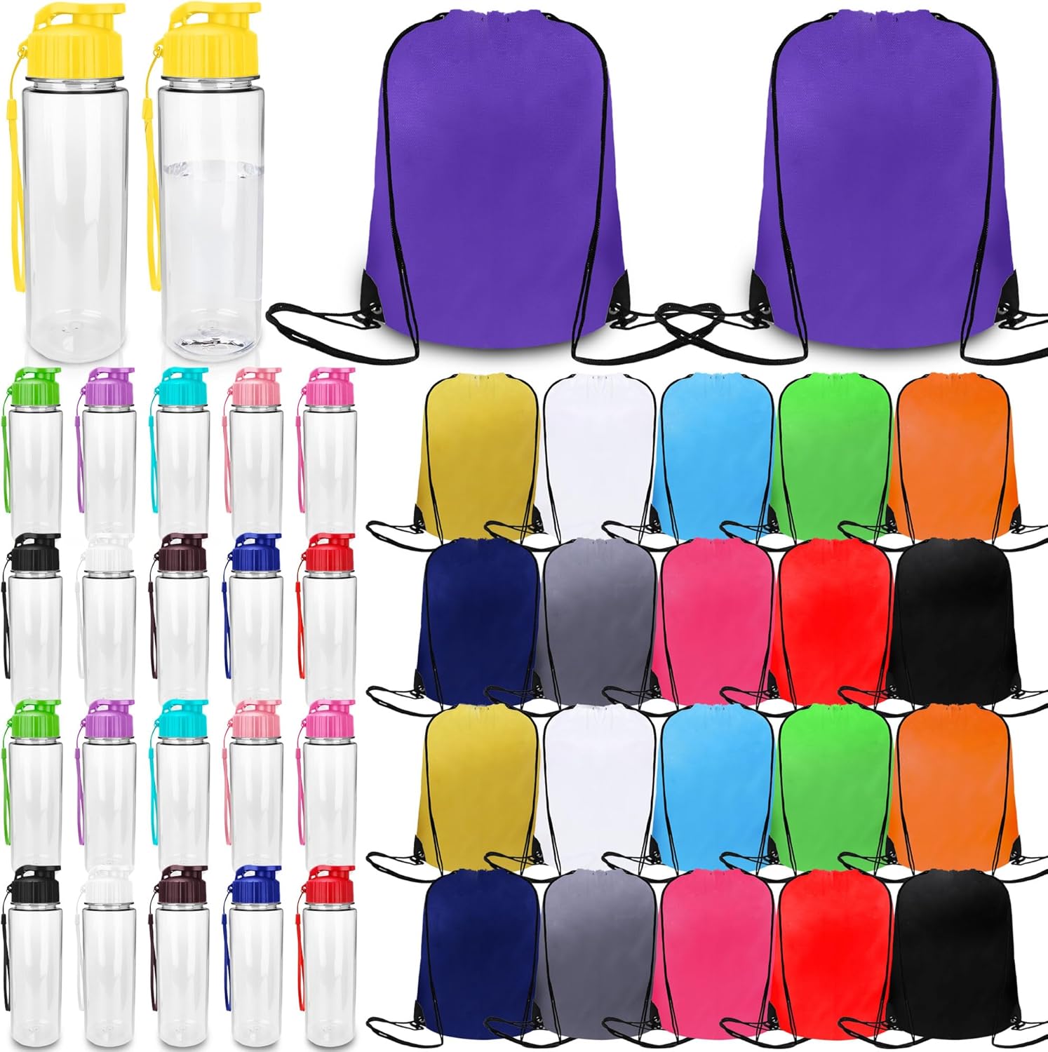 44 Pcs 17 oz Plastic Water Bottles Bulk and Drawstring Backpack Set Leakproof Portable Drink Water Bottles with Handle Strap for Home Office Sports Gym Travel Cycling
