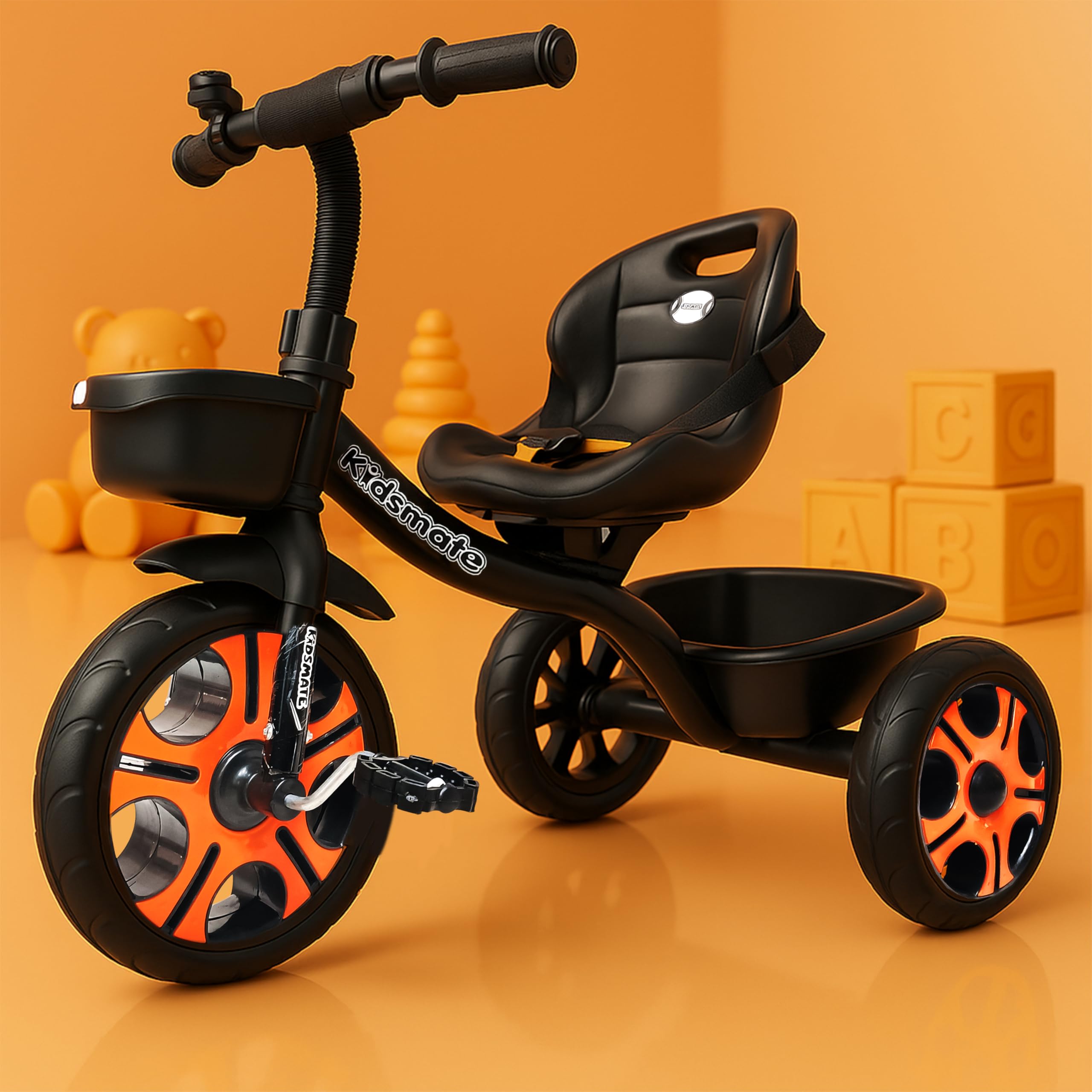 Kidsmate Ninja Plug N Play Durable Kids/Baby Tricycle, Storage Basket, Cushion Seat and Seat Belt for 12 Months to 48 Months Boys/Girls/Carrying Capacity Upto 30 Kgs (Black-Orange)