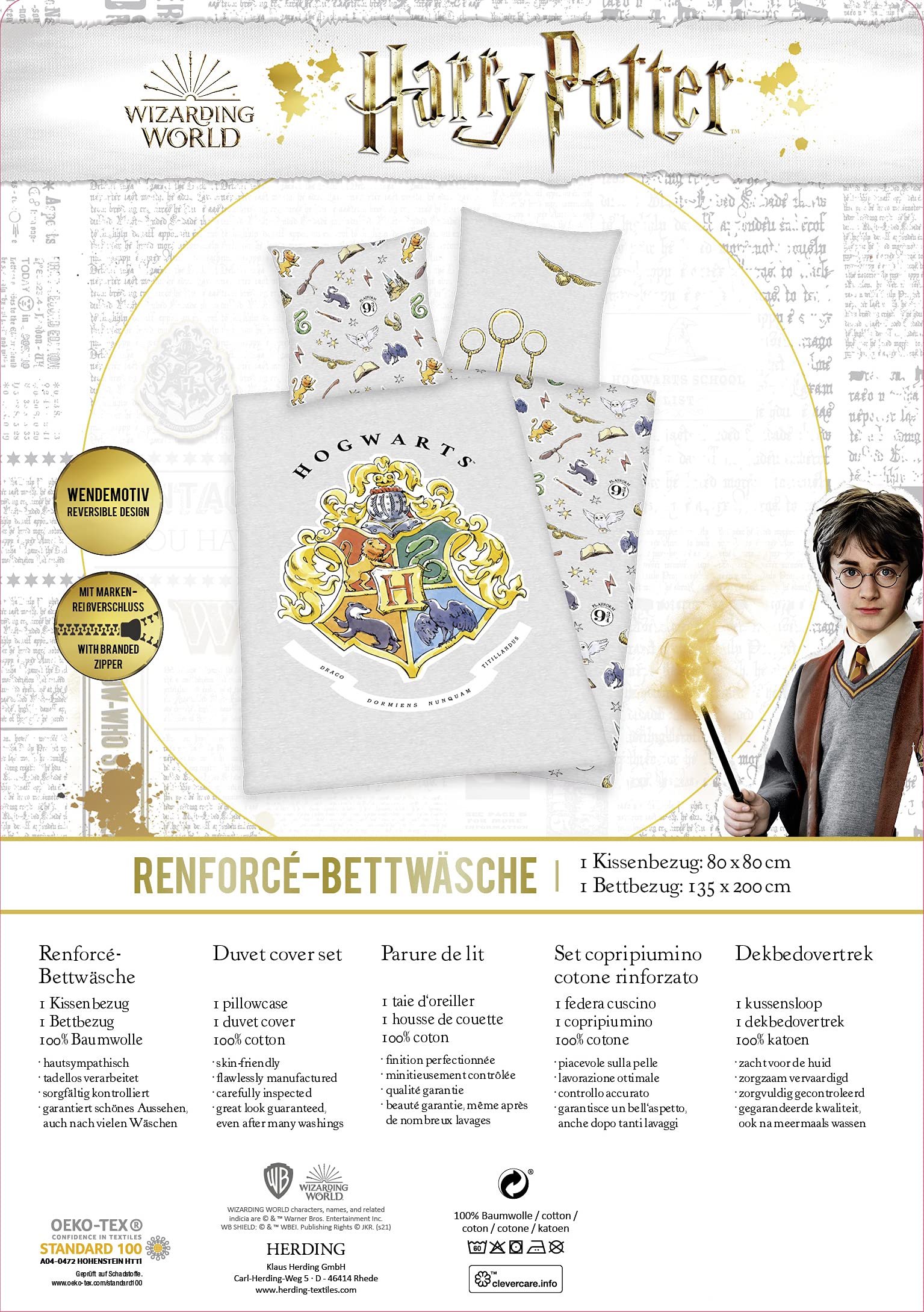 Set Biancheria Da Letto Harry Potter - Copripiumino 135x200 Cm E Federa 80x80 Cm Reversibile In Cotone - Foto 3
