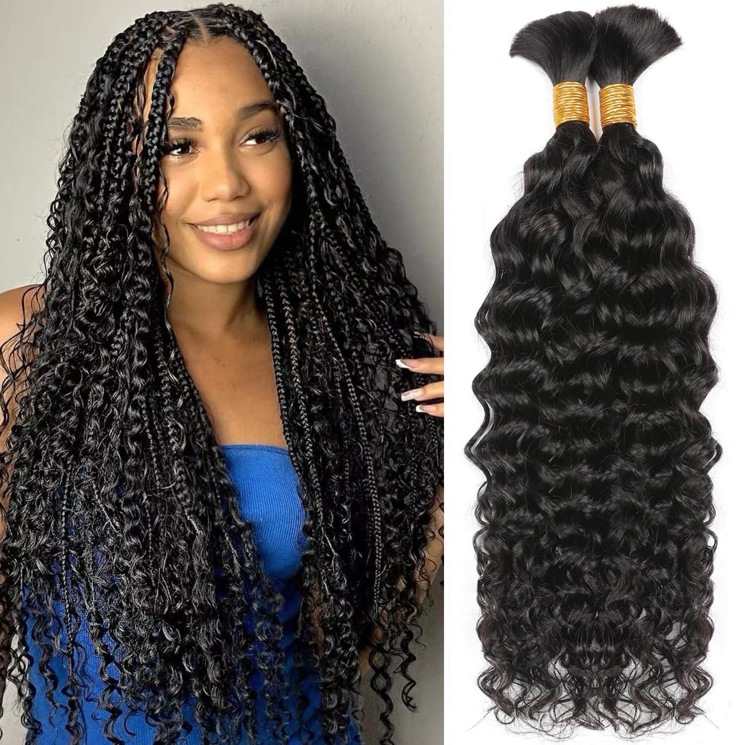 Human Braiding Hair 2 Bundles 100g 26Inch Water Deep Wave Bulk Human Hair for Braiding No Weft Braiding Hair Bulk Curly Human Hair for Boho Braids 12A
