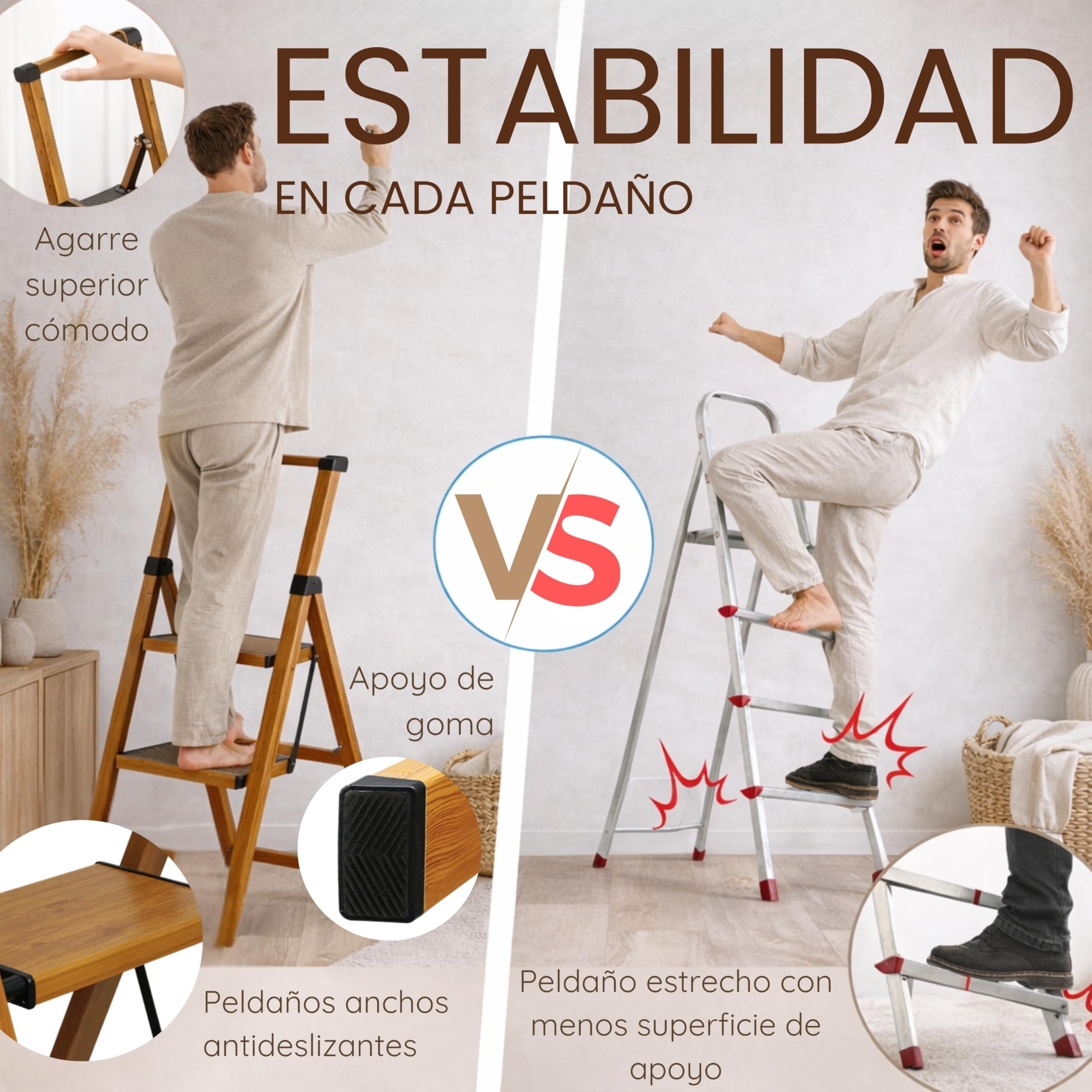 Escalera Plegable de Aluminio Efecto Madera para hogar y Cocina, 3 peldaños, peldaños Anchos Antideslizantes, EN 131 - 4