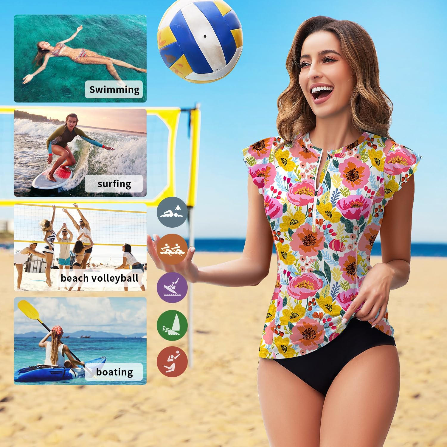 Soneven Women's Swim Shirt UPF 50+ Ruffle Sleeve Rash Guard UV Sun Protection Swimsuit Top Bathing Suit No Bottom - Image 6