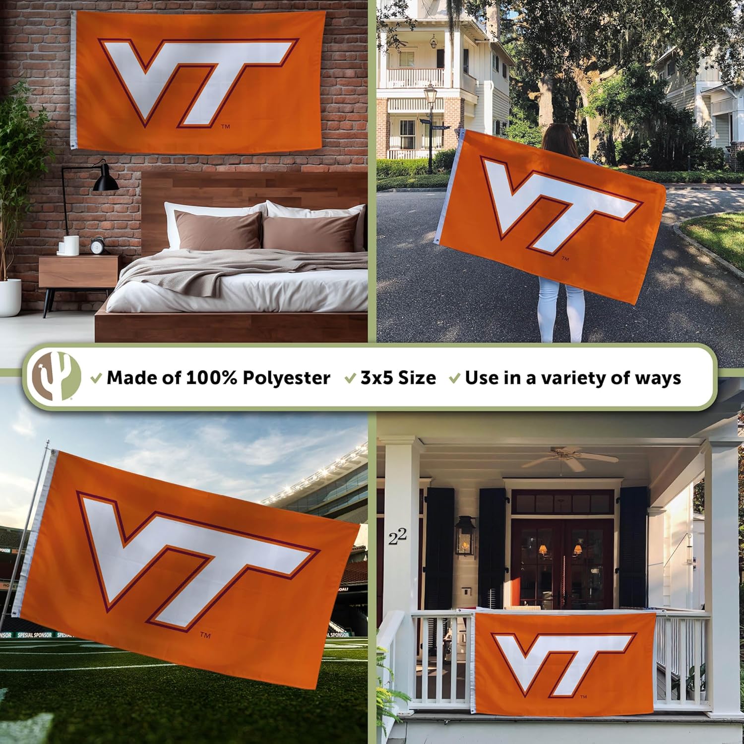 Desert Cactus Virginia Tech VT Flag - 3 x 5 Feet Hokies Banner, Indoor/Outdoor Durable Fabric, 100% Polyester Design (Style Y) - Image 3