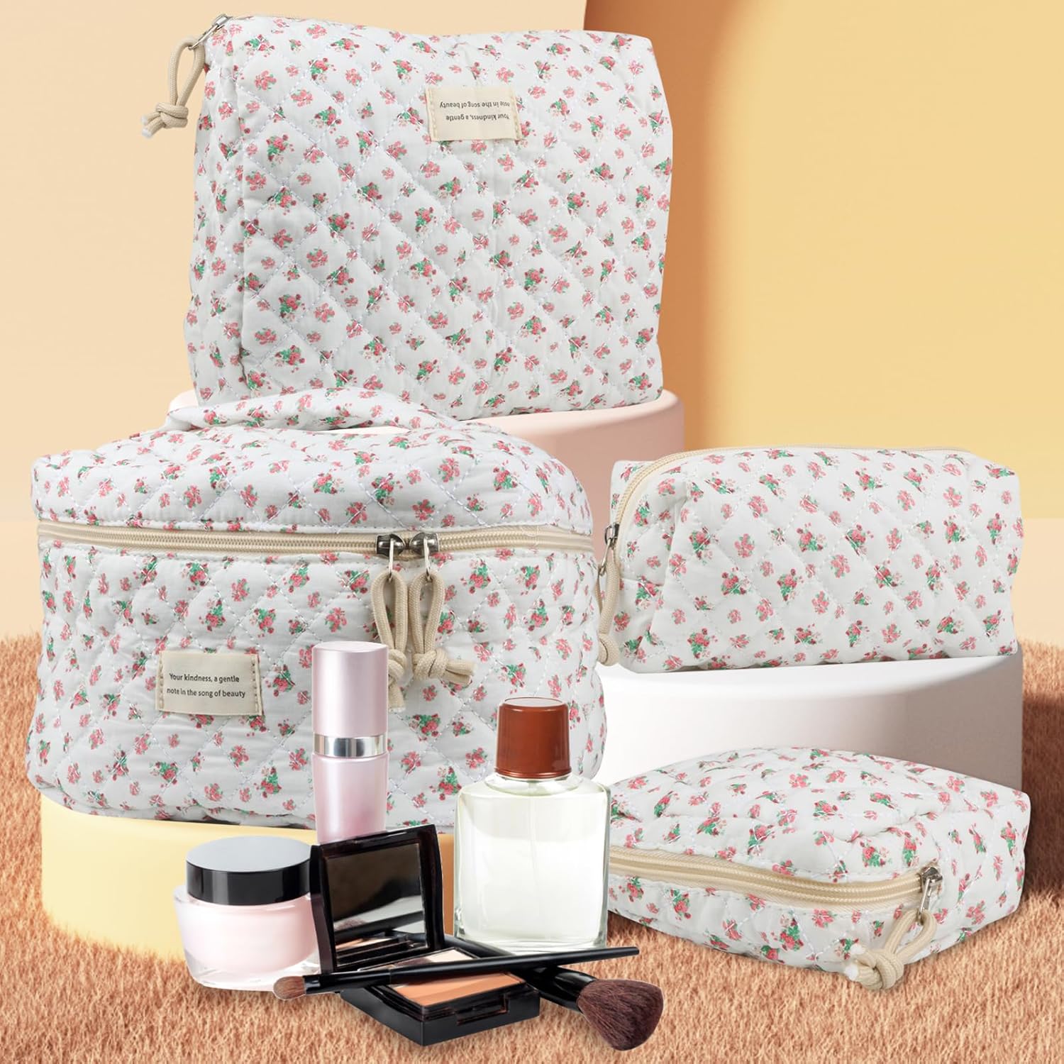VIWIME Makeup Cosmetic Bag, Large Cotton Quilted Travel Coquette Aesthetic Cute Floral Make up Bag for Women Toiletry Bag Organizer (202- Red Rose / 4Pcs) - Image 4