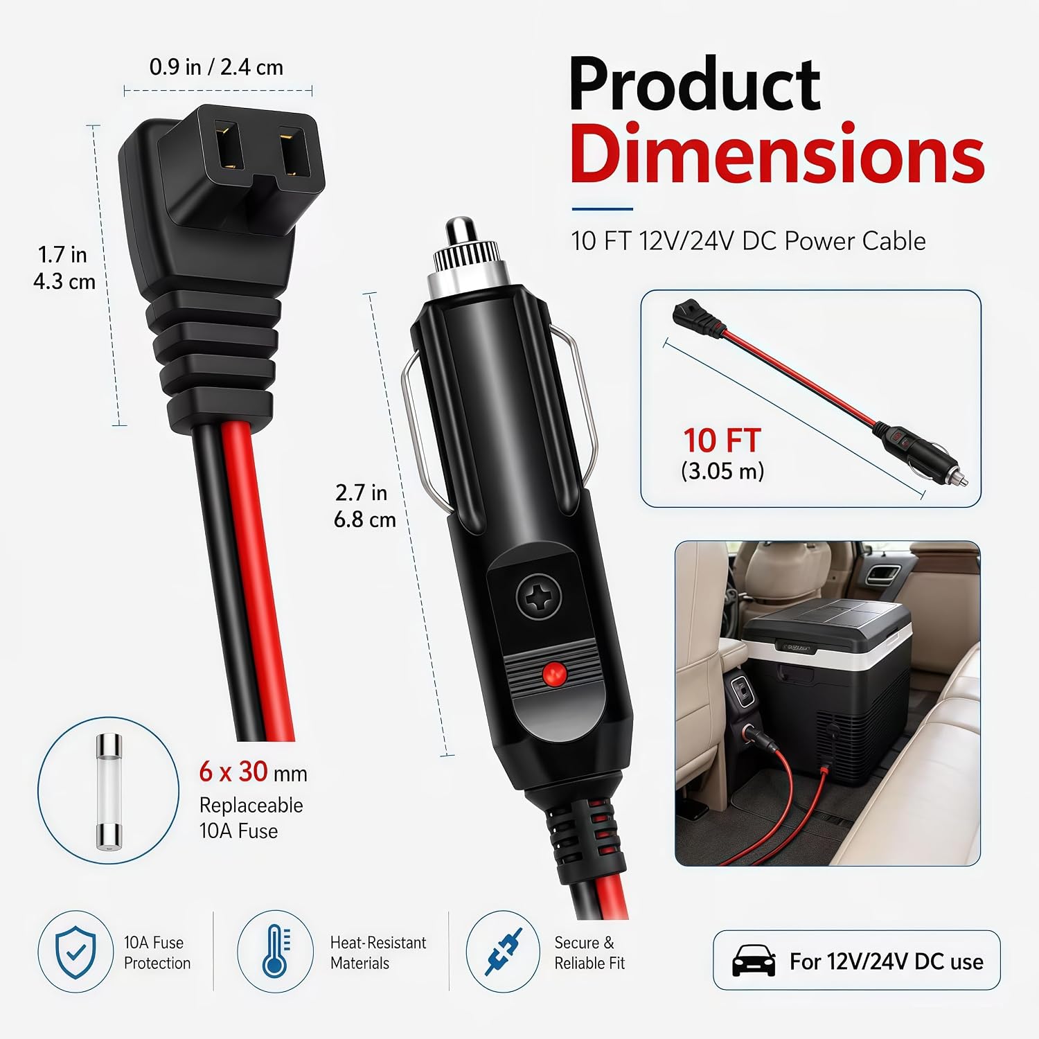 10FT Car Refrigerator Power Cord, 12V/24V DC Heavy Duty Cigarette Lighter Cable for Portable Car Fridge, Freezer and Electric Cooler