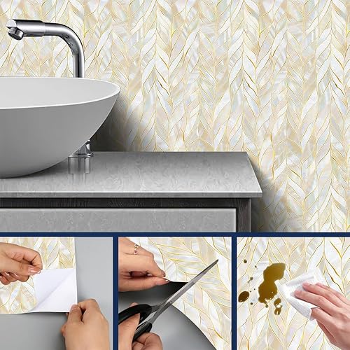 Miniatura 5 de Papel tapiz de hojas de perlas, papel de contacto de mármol dorado, papel de contacto de 17.7 x 118.1 pulgadas, vinilo autoadhesivo para decoración