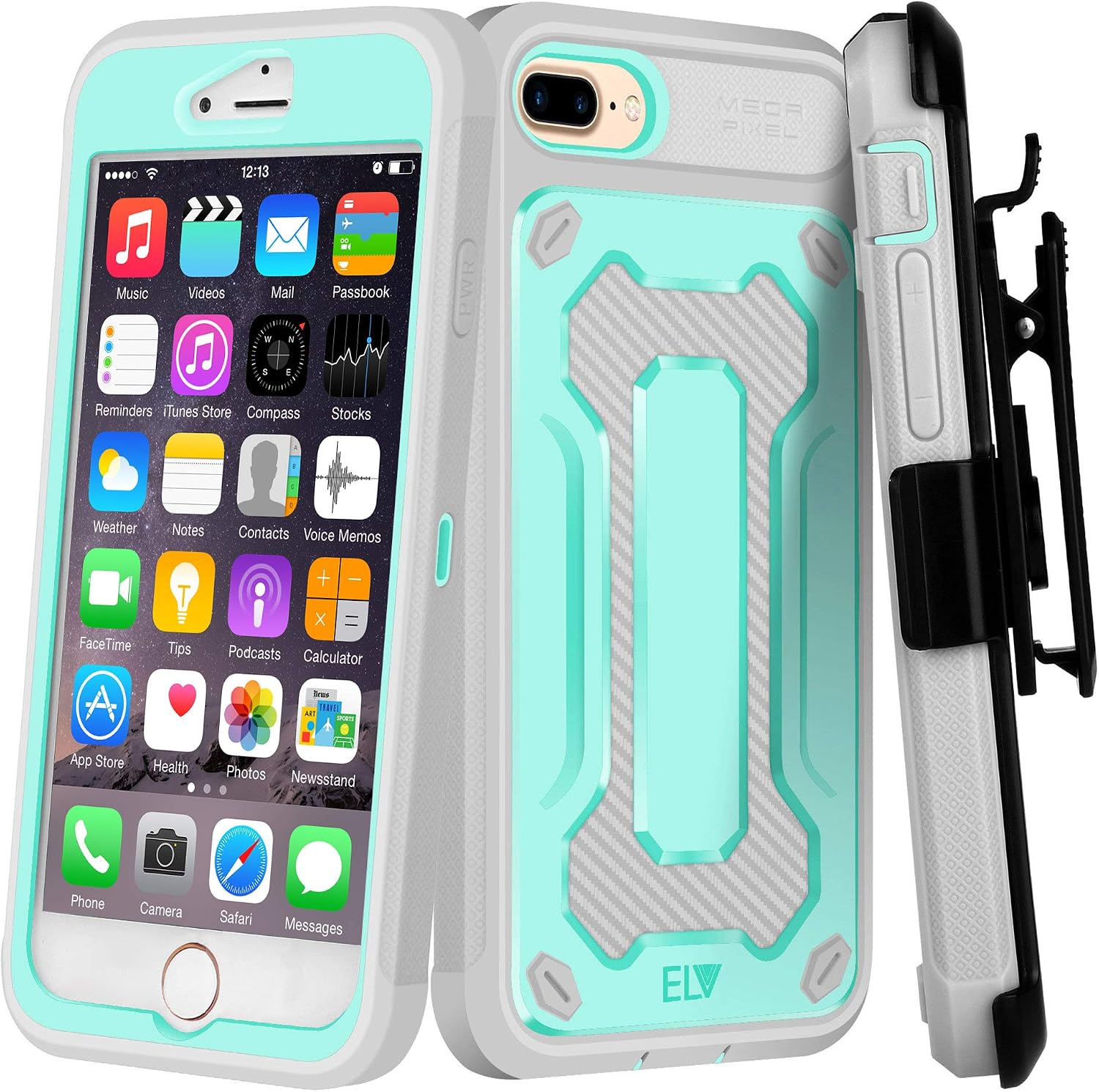 E LV Holster Case for iPhone 8 Plus/iPhone 7 Plus Case Holster Belt Clip/Kickstand Rugged Armor Holster Full Body Protective Case Cover for Apple iPhone 7 Plus/iPhone 8 Plus [Mint/Grey]