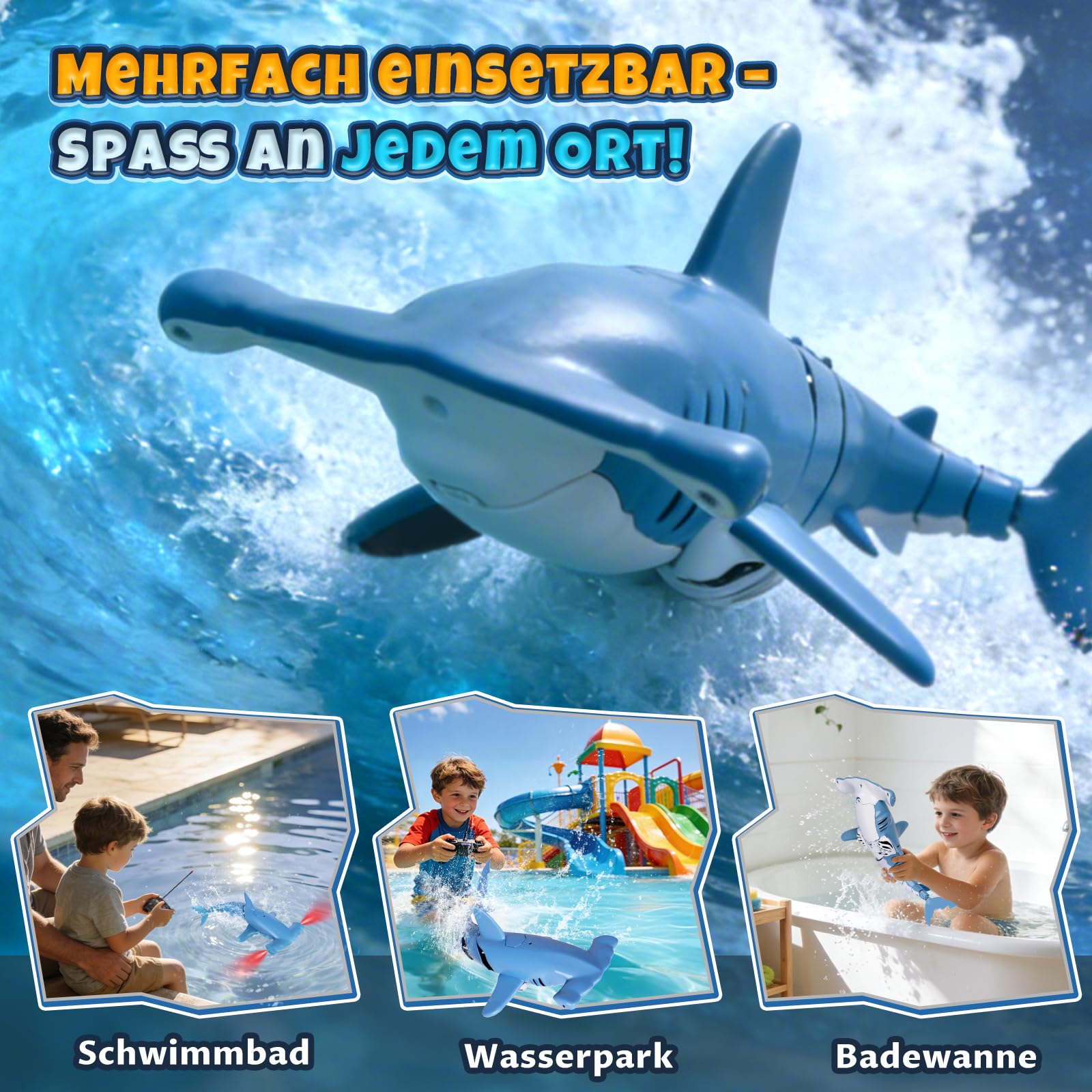 Ferngesteuerter Hai mit Tauchfunktion, 2.4GHz RC Hai mit LED-Licht, Unterwasser-Hai Spielzeug für Pool & Badewanne, Geschenk für Kinder ab 6 Jahren Jungen & Mädchen (Blau)