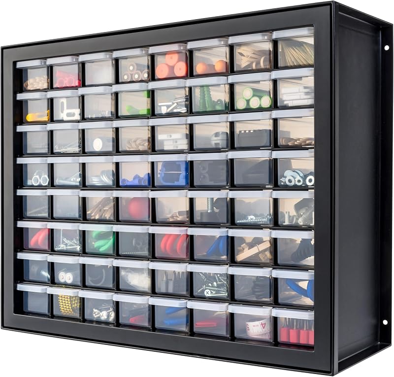 64-Drawer Screw Organizer, Hardware Storage, Made in USA, Black | Wall mountable, Stackable, Building Bricks, Garage Tool Storage, Art & Craft Supplies, Beads, Gem Stones