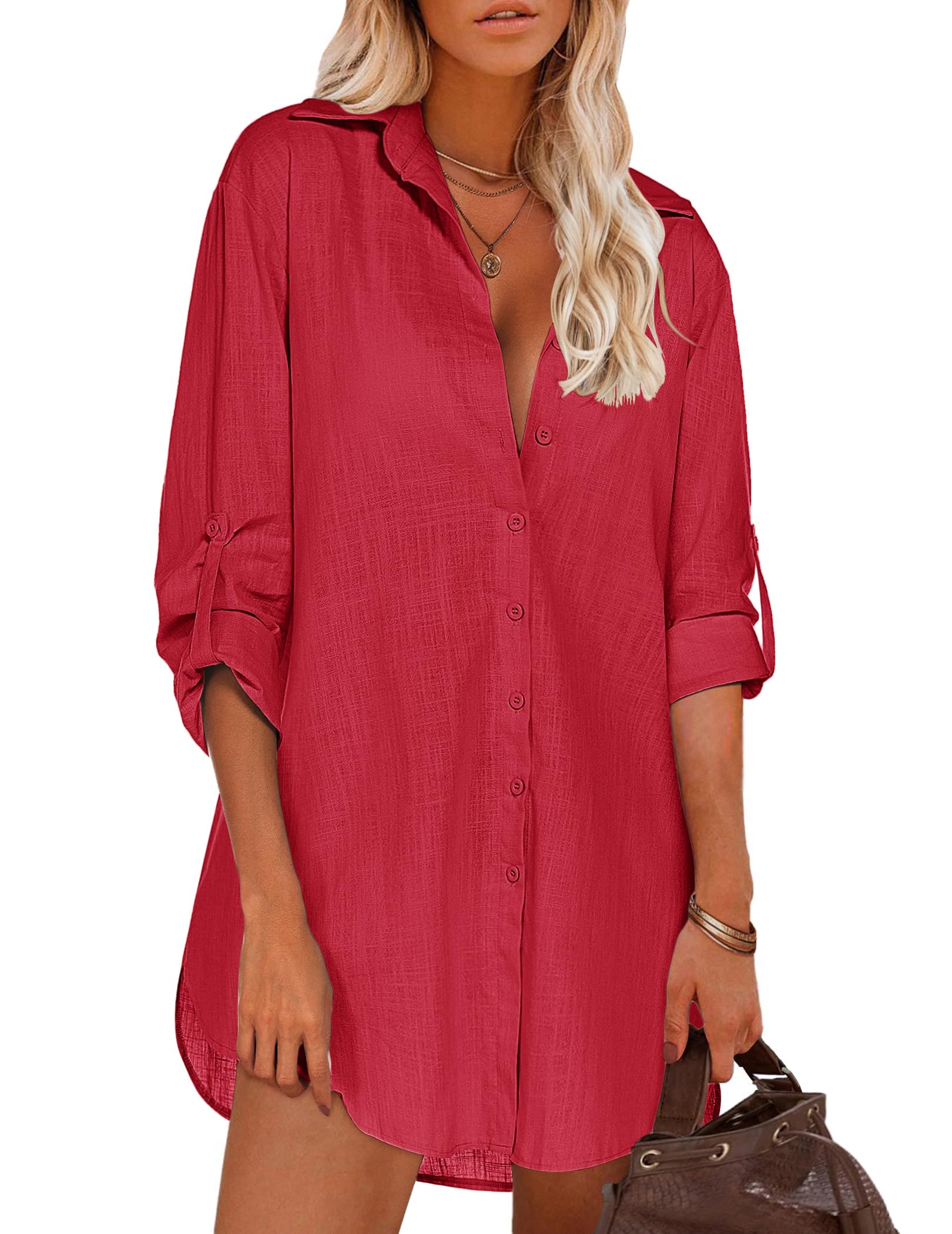 HOTOUCH Women Boyfriend Shirts Button Down Long Sleeve Blouse Cuffed Sleeve Collared Shirt